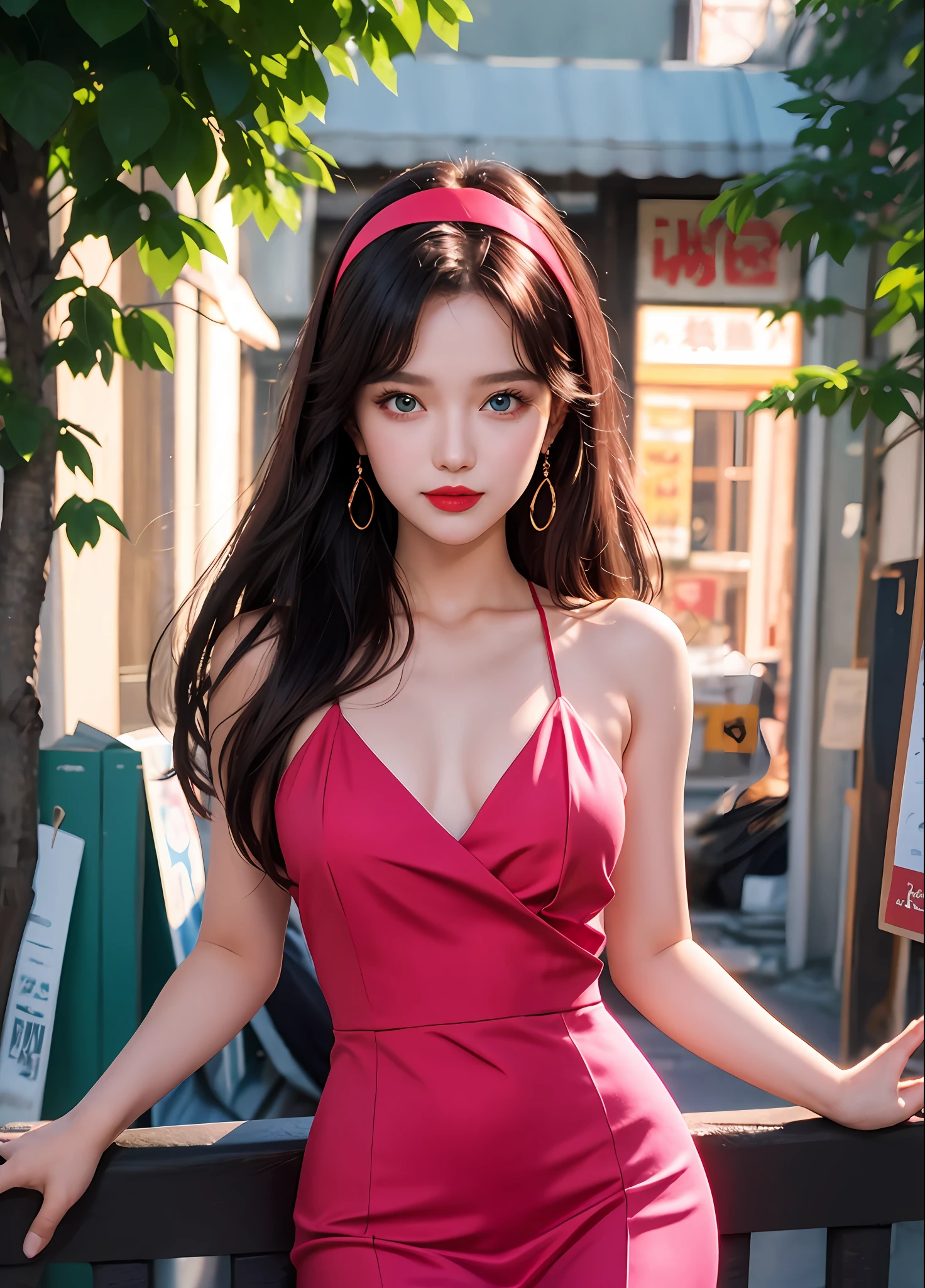 90's anime style,tmasterpiece,best qualityer,highest quality,realisticlying,perfectanatomy,perfectface,Perfect eyes,long eyelasher,largeeyes,eye glass,Red lips,lipstick,Business suit,1girll,独奏,(Green long hair),shift dresses,eBlue eyes,shairband,Pink dress,blacksilk,red hairband,exteriors, ssmile,lakeside,the sunset🌇