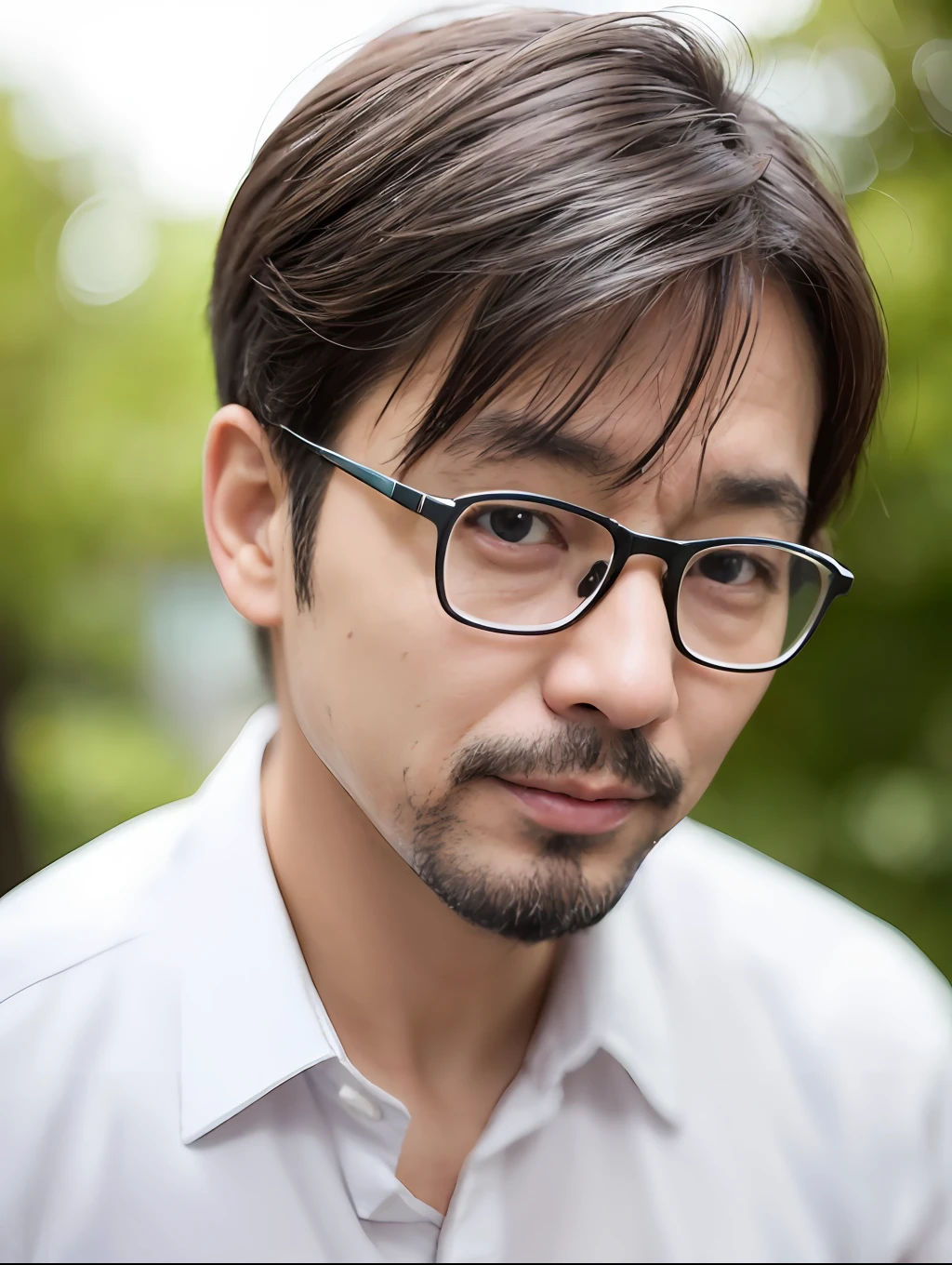 43-year-old man,short detailed hair,wears glasses,cuteexpression,upperbody shots,(White color blouse),up-close,at park。
