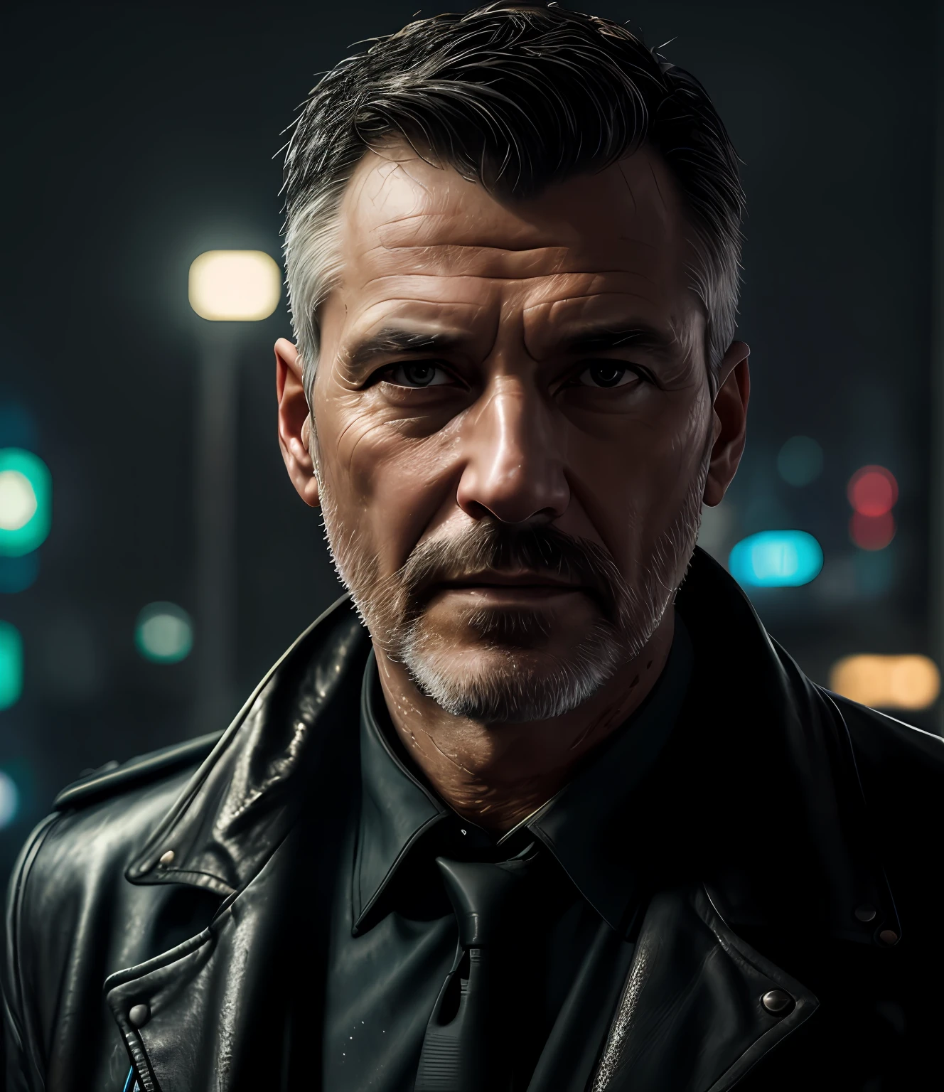 masterpiece, high detail, trending on artstation, realistic, detailed face, overall, a photo of a cyberpunk private detective, old man, dark hair, dirty, drone, Blade Runner city, neo lights, dark, rain, night, RAW, canon r6, wide shot, sharp, blurry background, rule of thirds, dramatic lights, dark shadows