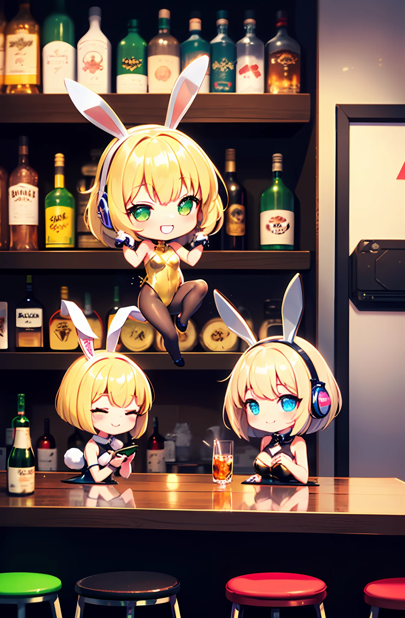 (Chibi:1.3), group_photo, (half closed eyes, green eyes), (detailed eyes), full body, indoors, on the table, Happy smile, (mechanical bunny girl: 1.1), (golden leotard), rabbit ears, rabbit tail, headphone, (blonde hair, bob cut), (cyberpunk), (bar), counter, wine, whiskey, bourbon, neon signboard, (Nendoroid),