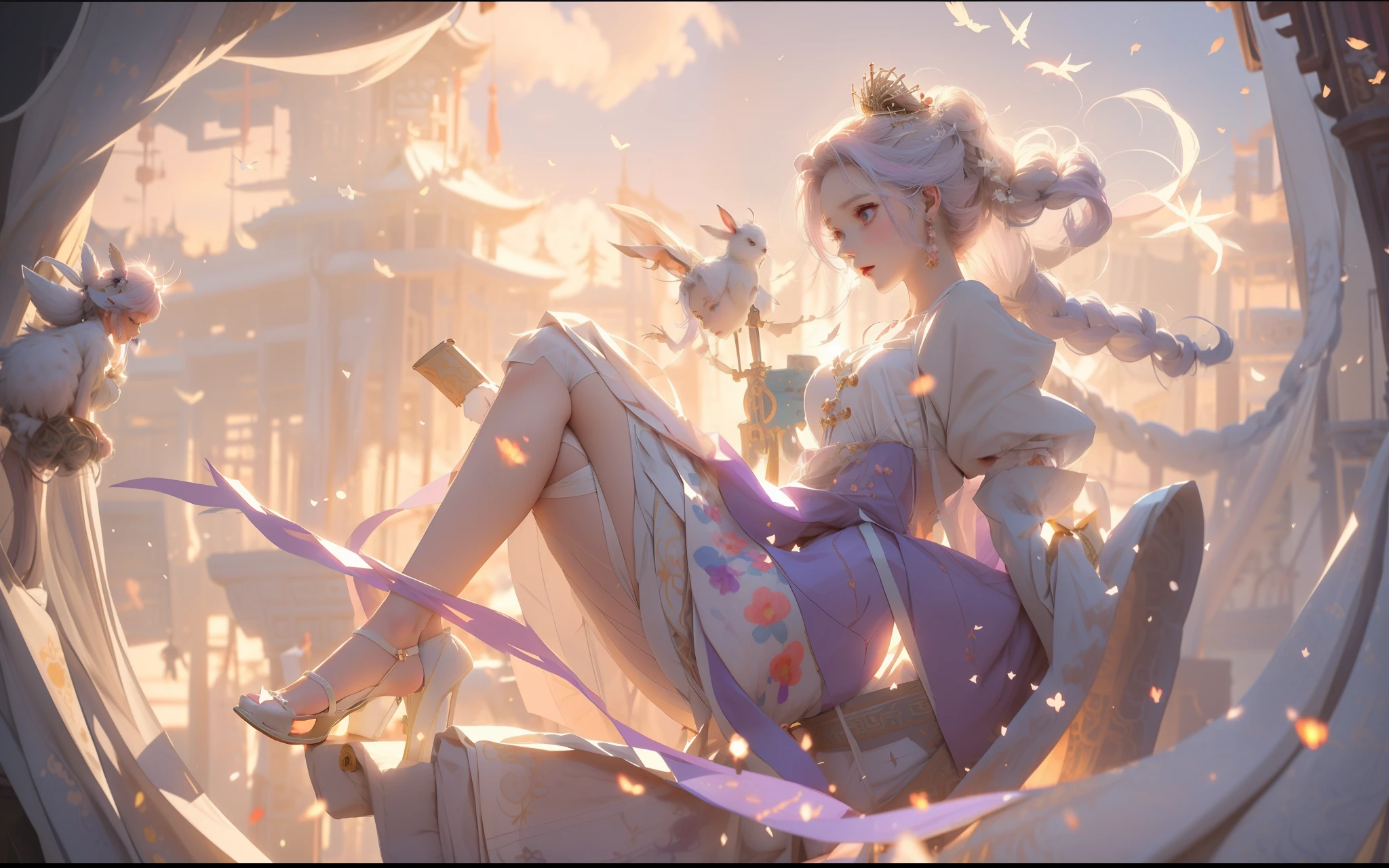 animemanga girl,Wearing a princess dress in white and purple,White color hair,Hair flutters in the wind,The shoulder straps flutter in the wind,Sit on the clouds,Show a happy expression,The surrounding clouds are shrouded,There are two cute rabbits with wings in their hands, Snow-white slender legs,The background is ancient Chinese architecture,