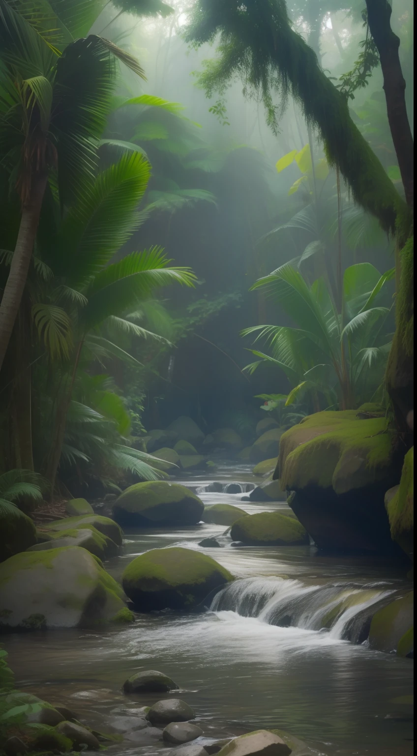 (Authentic photography:1.4),rich details,jungles,Small rivers,rainwater,Rocks in the water,Works of masters,super-fine,best qualtiy,16K resolution,