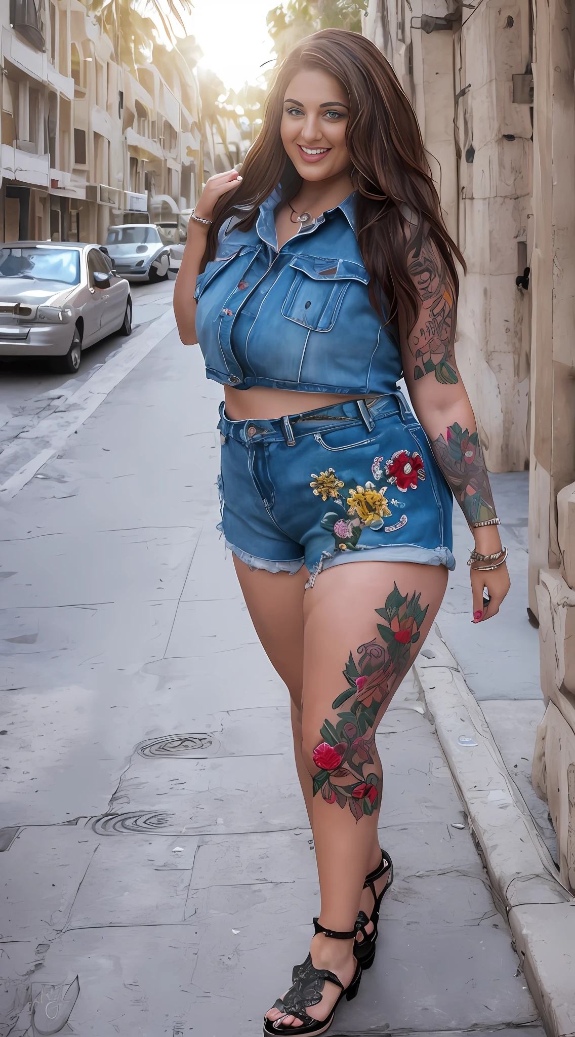 (masterpiece photography of a solo:1.2) (full body) alluring sexy curvy Supermodel Eden Mor warrier walking in style on Tel Aviv street, curvy, voluptuous, busty, thick, chubby, large breast, cleavage, sexy, exotics, erotic, (wearing crusted sexy shirt & embroidered shorts:1.3). hip hop energy, maximalism, (heavily tattooed:1.3), (makeup & jewelry:1.2) long brown hair with highlights,, vivacious, lustful glance, exhilarated (beautiful detailed eyes:1.1) , (flirty bright smile:1.2), blingy shopping district,(intense dramatic light:1.4), backlit, light rays, highly detailed, trending on artstation, paint splashes, rich colour, dazzling lights all around, (perfect brunette hairstyles), abstract portrait, by Atey Ghailan