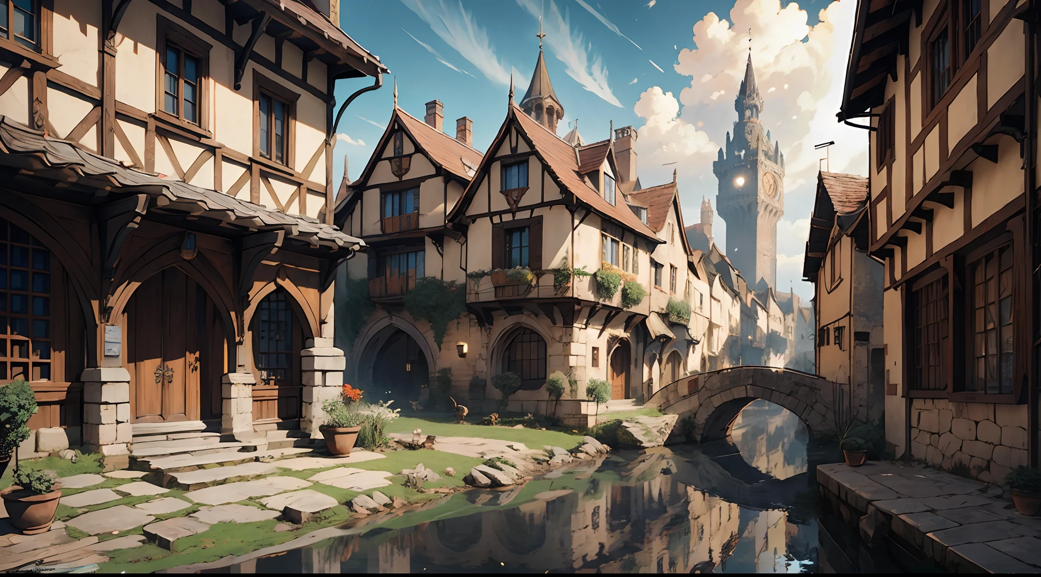 (ultra-detailed CG unity 8k wallpaper,masterpiece, best quality, depth of field, HDR, intricate), medieval village, houses, medieval fantasy, from Brian Froud and Carne Griffiths and Wadim Kashin and John William Waterhouse, 8K post-production, high resolution, hiper detailed, trending in artstation, sharp-focus, Studio photo, from Greg Rutkowski