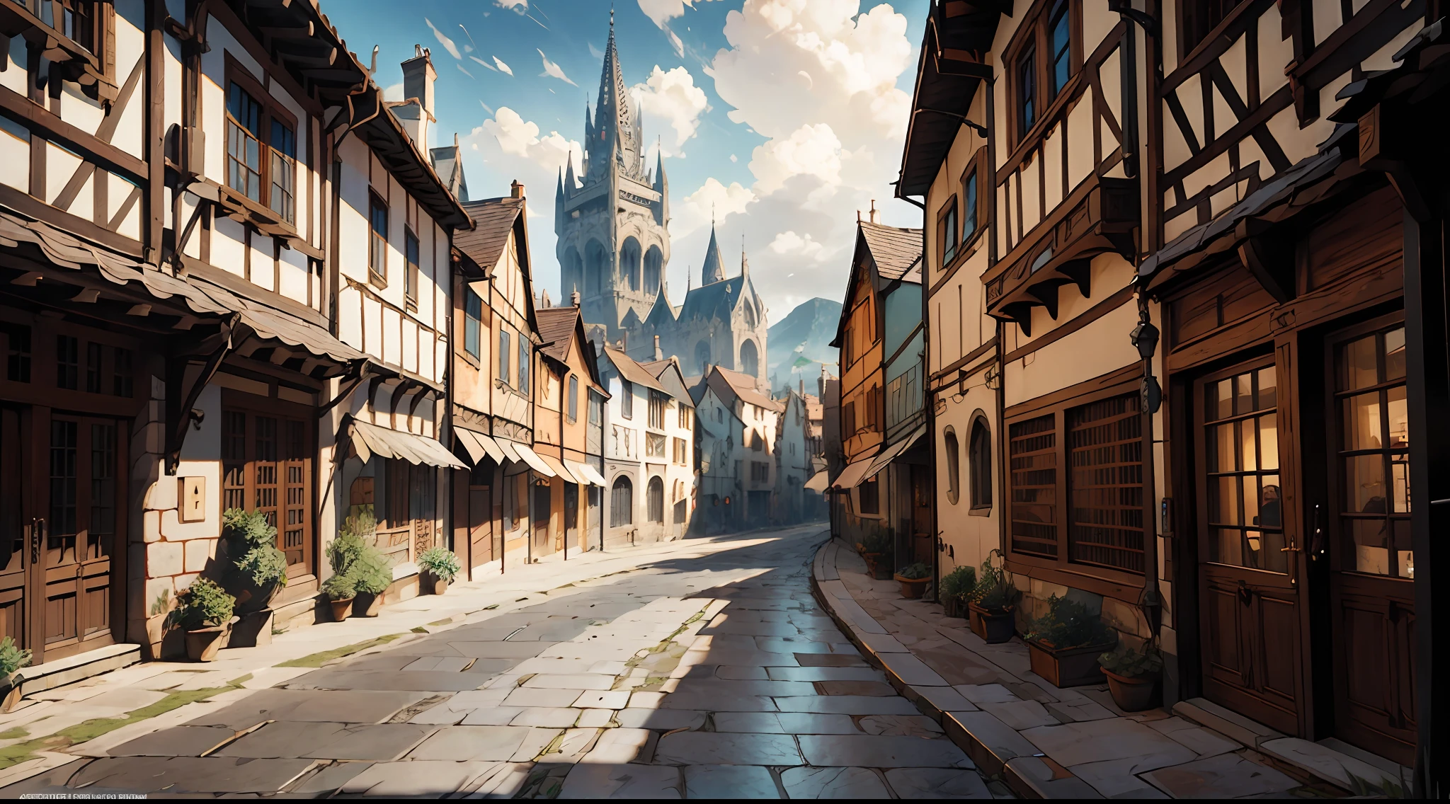 (ultra-detailed CG unity 8k wallpaper,masterpiece, best quality, depth of field, HDR, intricate), medieval village, houses, medieval fantasy, from Brian Froud and Carne Griffiths and Wadim Kashin and John William Waterhouse, 8K post-production, high resolution, hiper detailed, trending in artstation, sharp-focus, Studio photo, from Greg Rutkowski