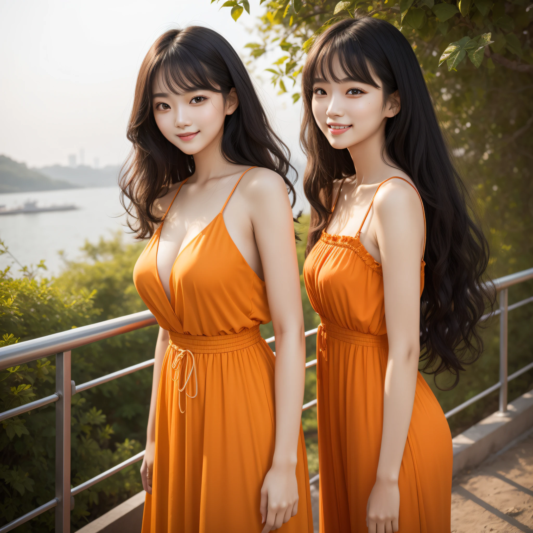 Contemporary Asian pure female outdoor activities，Sweet smile，black long curly hair，Air bangs，20yr old，Orange dress，Height 175 cm，Delicate light makeup，full bodyesbian，tmasterpiece，Yang Ying，Surreal photo。