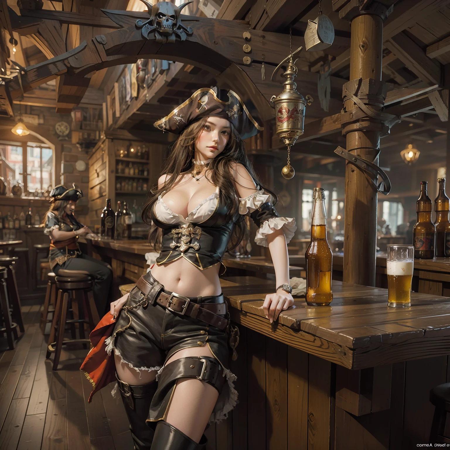 (best quality), (masterpiece), (1girl), solo, beautiful girl, perfect face, perfect body, big breast, pirate costume, cool pose, in the pirate beer pub