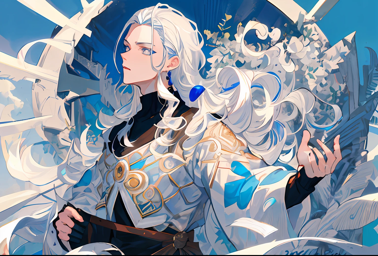 24 year old man, white hair, wavy long hair, blue eyes, solo, best quality, masterpiece, jitome, combed-back hair, earrings ,black turtleneck,handsome Male , detailed, half-up slicked-back, voluminous wavy hair,best quality, masterpiece, detailed