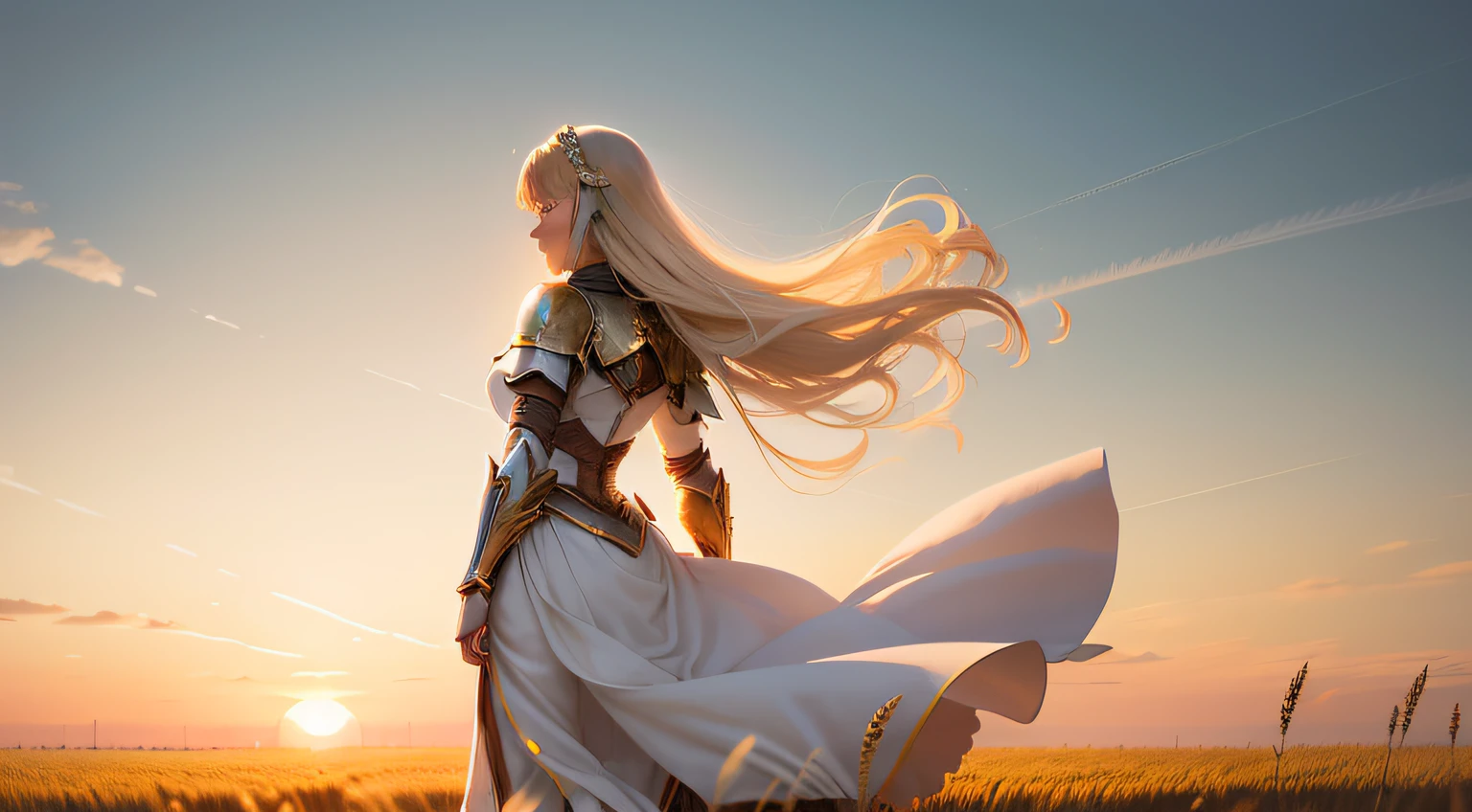 A blonde girl in delicate white armor，Stand in a vast field of golden waist-high wheat。Sunset on the front and back