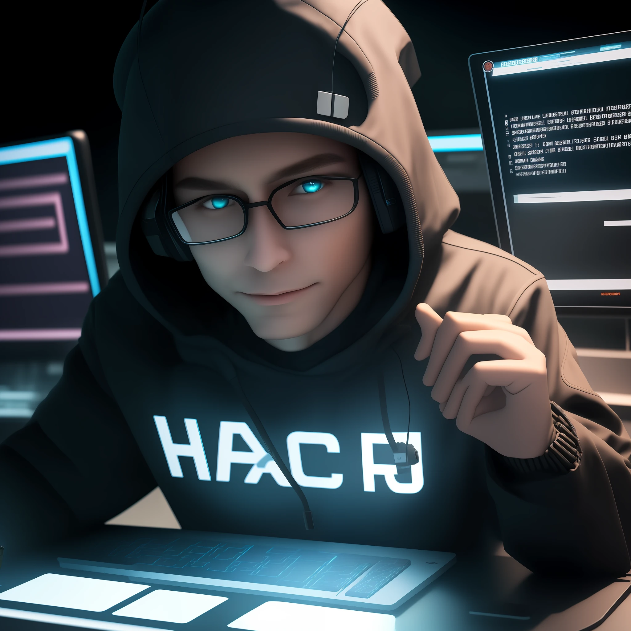 Hacker in hoodie sitting at desk,Handheld laptop,cyber punk style,hyperreal rendering,High resolution CG art,HDRP rendering,fvckrender,3D rendering of Gemma 985,typical cryptocurrency nerd,digital art render。