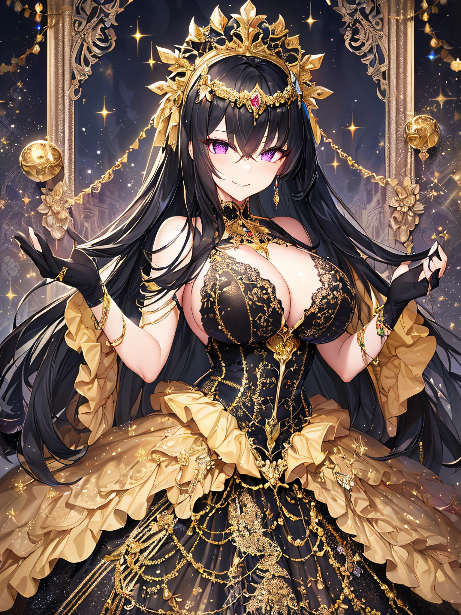 ((anime artstyle)),(Masterpiece),(Best Quality), (Super Detail),((Very Delicate and Beautiful)),Focus on character,Dynamic Angle,Looking at viewer,((Solo)),standing,((full body)),((one arrogant queen in glitter jeweled black and gold gorgeousfull ball gown with voluminous fluffy skirt)),((BlingBling)),((arrogant)),((naughty smile)),(Purple eyes),Sharp eyes,detailed face and eyes,jewel-like eyes,((Very Long voluminous black Hair)),Straight Hair,((Bangs between eyes)),((gorgeousfull embroidery and lace)),gorgeous corsage,See-through,Gorgeous jewelry ornaments,gorgeousfull BlingBling hair ornament,gorgeousfull BlingBling tiara with jewels,ornate ruffles,((gigantic breasts,Long breasts)),((full body)),((hoop skirt,crinoline)),(((gorgeous embroidery and glitter jeweled black and gold gorgeousfull ball gown with voluminous fluffy skirt)))