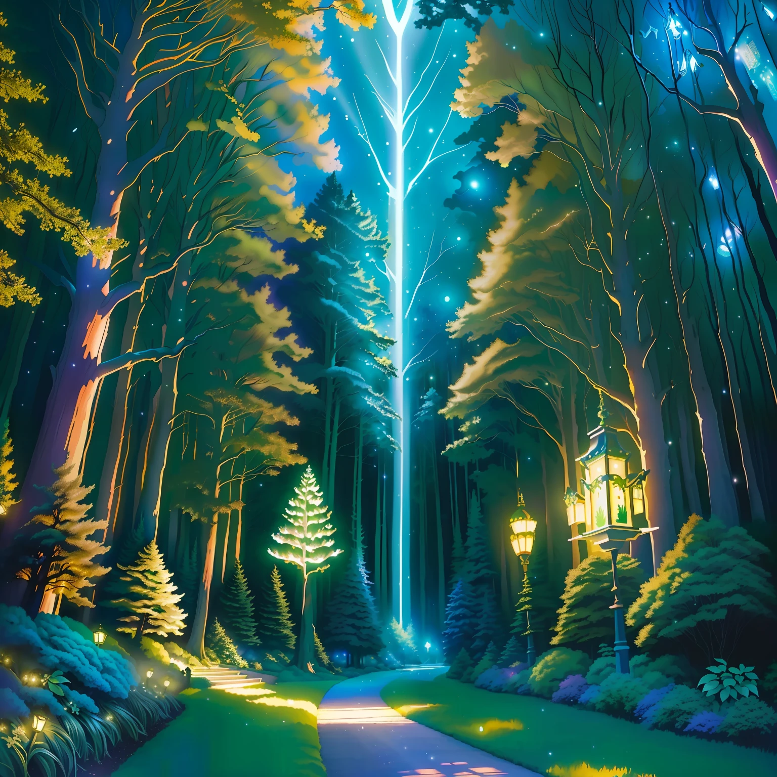 (Realistic enchanted forest，the night，rays of moonlight，Laurie Graceley style，by Ghibli Studio，Akira Toriyama，James Gilead，Genshin Impact，trending pixiv fanbox，acrylic palette knife，4K，brightcolors，devinert，art station trending)