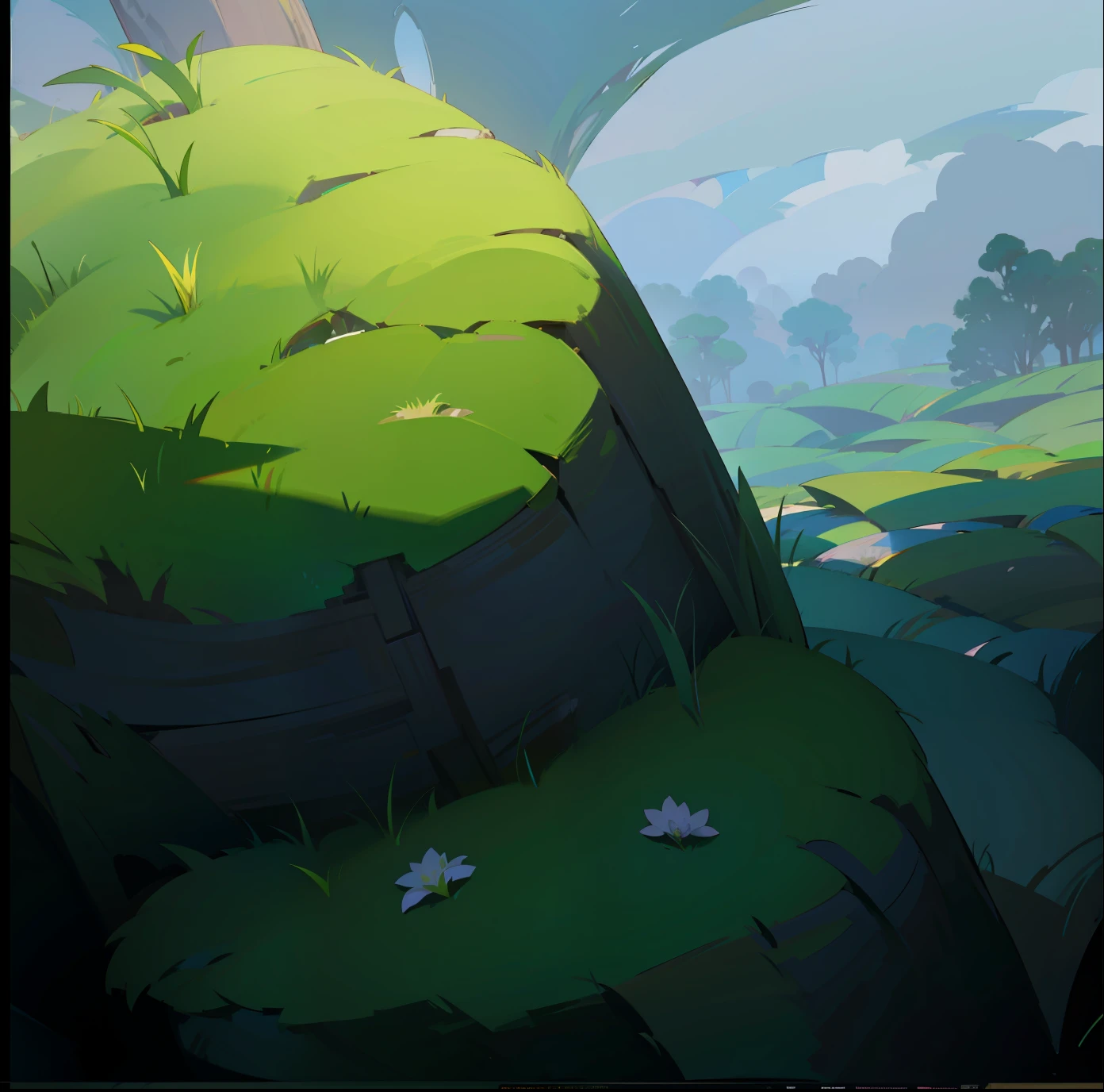 grassy fields，Plants are abundant，blossoms，Ultra-clear，Extremely high image quality，3 d model，rich details​，Realistic light and shadow， a 3D render, Incorporates elements of Disney cartoon style.high definition detail，Hyper-detailing，Cartoony，the soft light