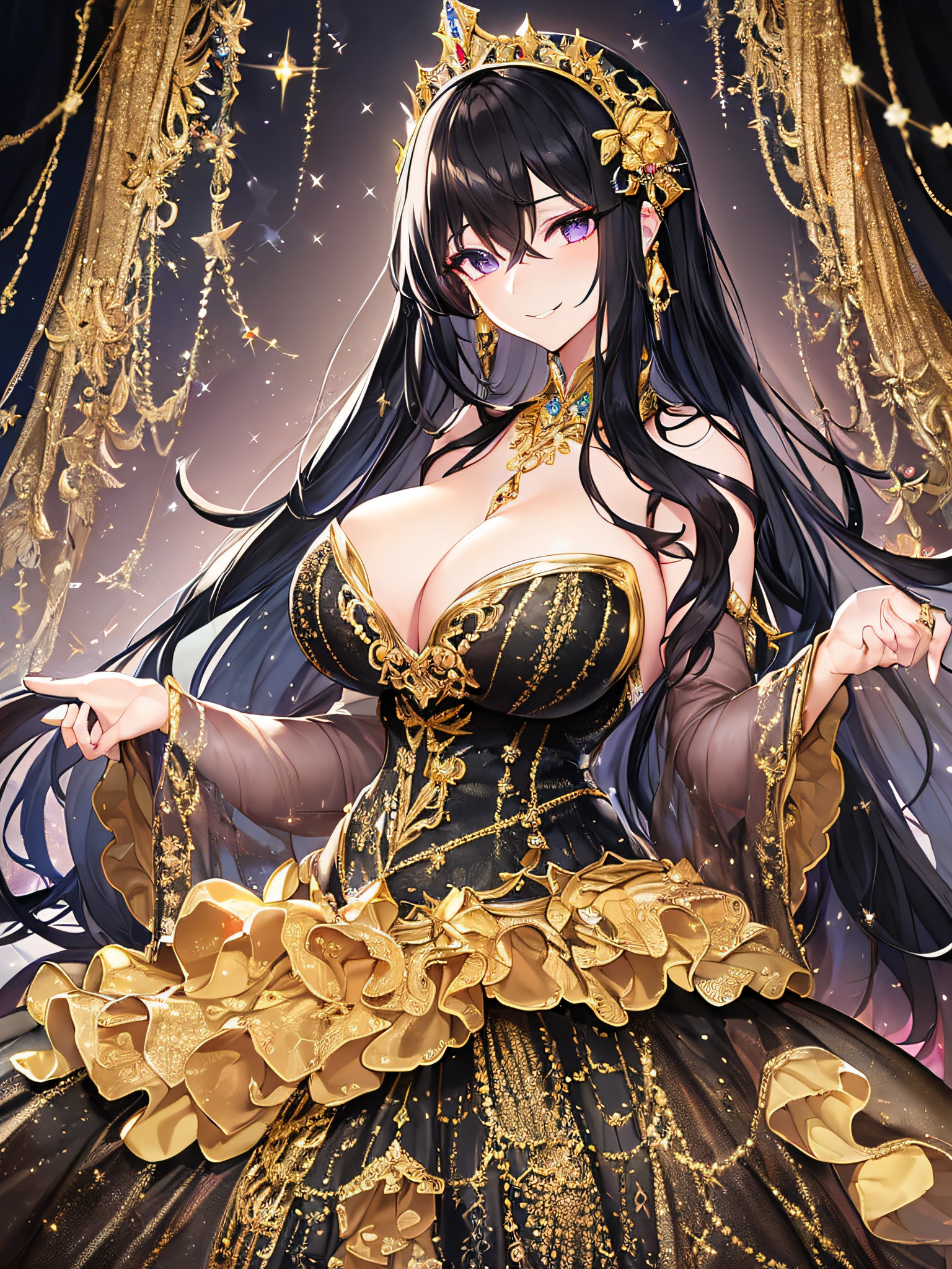 ((anime artstyle)),(Masterpiece),(Best Quality), (Super Detail),((Very Delicate and Beautiful)),Focus on character,Dynamic Angle,Looking at viewer,((Solo)),standing,((full body)),((one arrogant queen in glitter jeweled black and gold gorgeousfull ball gown with voluminous fluffy skirt)),((BlingBling)),((arrogant)),((naughty smile)),(Purple eyes),Sharp eyes,detailed face and eyes,jewel-like eyes,((Very Long voluminous black Hair)),Straight Hair,((Bangs between eyes)),((gorgeousfull embroidery and lace)),gorgeous corsage,See-through,Gorgeous jewelry ornaments,gorgeousfull BlingBling hair ornament,gorgeousfull BlingBling tiara with jewels,ornate ruffles,((gigantic breasts,Long breasts)),((full body)),((hoop skirt,crinoline)),(((gorgeous embroidery and glitter jeweled black and gold gorgeousfull ball gown with voluminous fluffy skirt)))