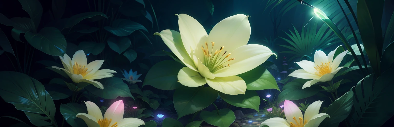 High-quality graphics,HD,fantasy jungle,colored flowers,Large flowers,with light glowing,glowworm,