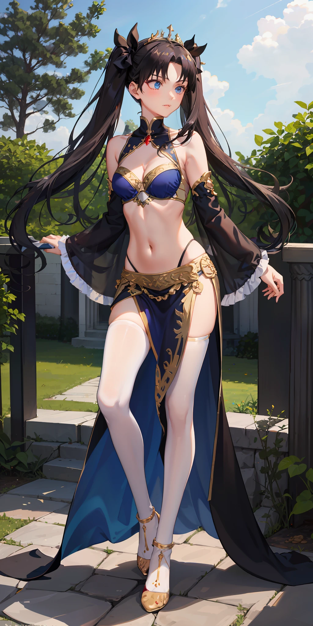 long hair, black hair, medium breast, slim legs, happy, bluish gown, cleavage, arabian belly dancer , short skirt, rin tohsaka, twin tail, navel, garden, blue eyes, tiara, standing, thigh high socks, sunlight