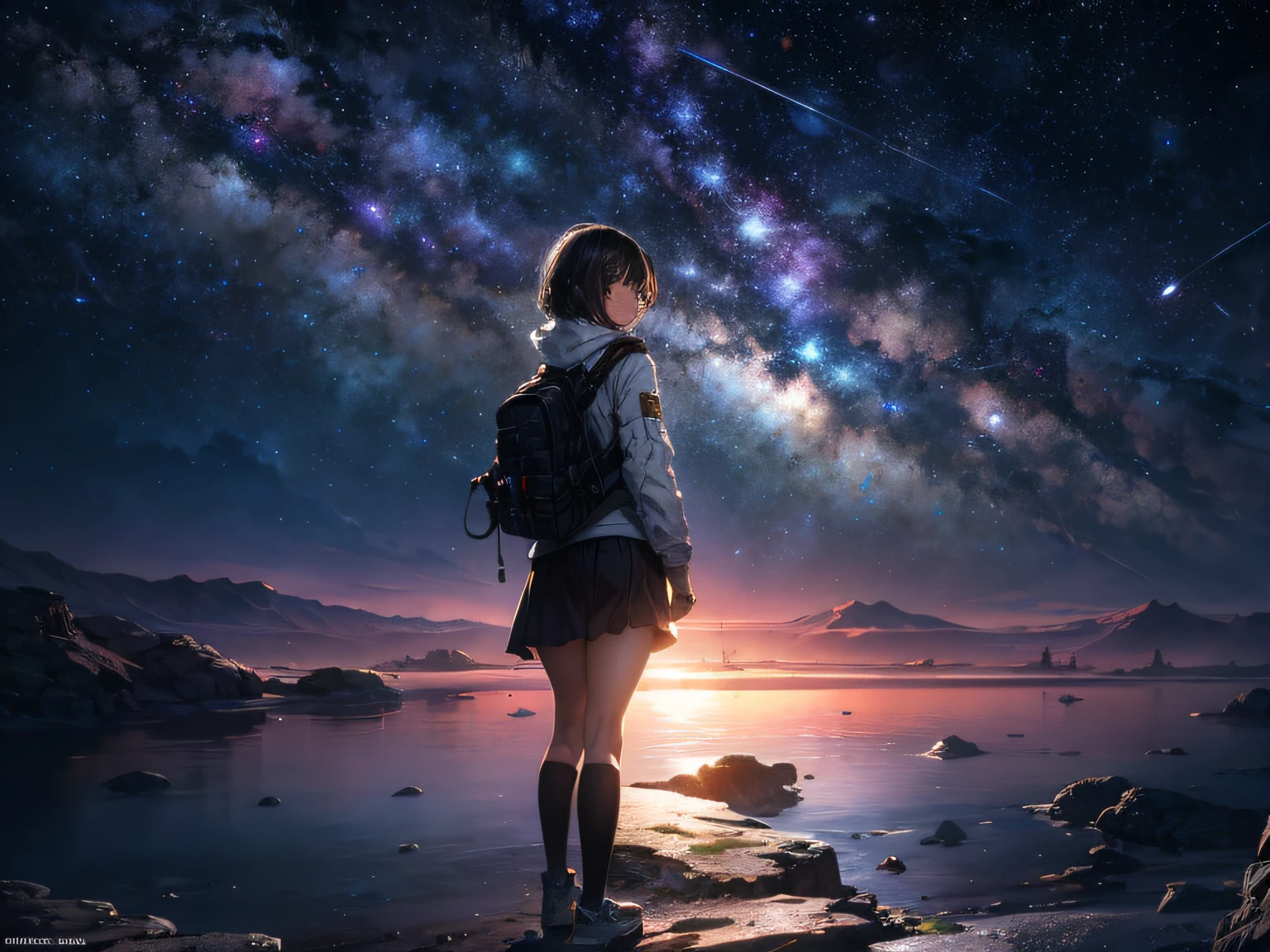 Draw a young female programmer, standing on a research platform floating in the middle of an asteroid belt, turn her back on viewers , from behind,surrounded by several asteroids glowing with fiery auras BREAK Dramatic lighting from distant stars and planets illuminates the scene, casting deep shadows on the suit, looking at the vast and mysterious universe with wonder and respect,BREAK,Detailed,Realistic,4k highly detailed digital art,octane render, bioluminescent, BREAK 8K resolution concept art, realism,by Mappa studios,masterpiece,best quality,official art,illustration,ligne claire,(cool_color),perfect composition,absurdres, fantasy,focused,rule of thirds