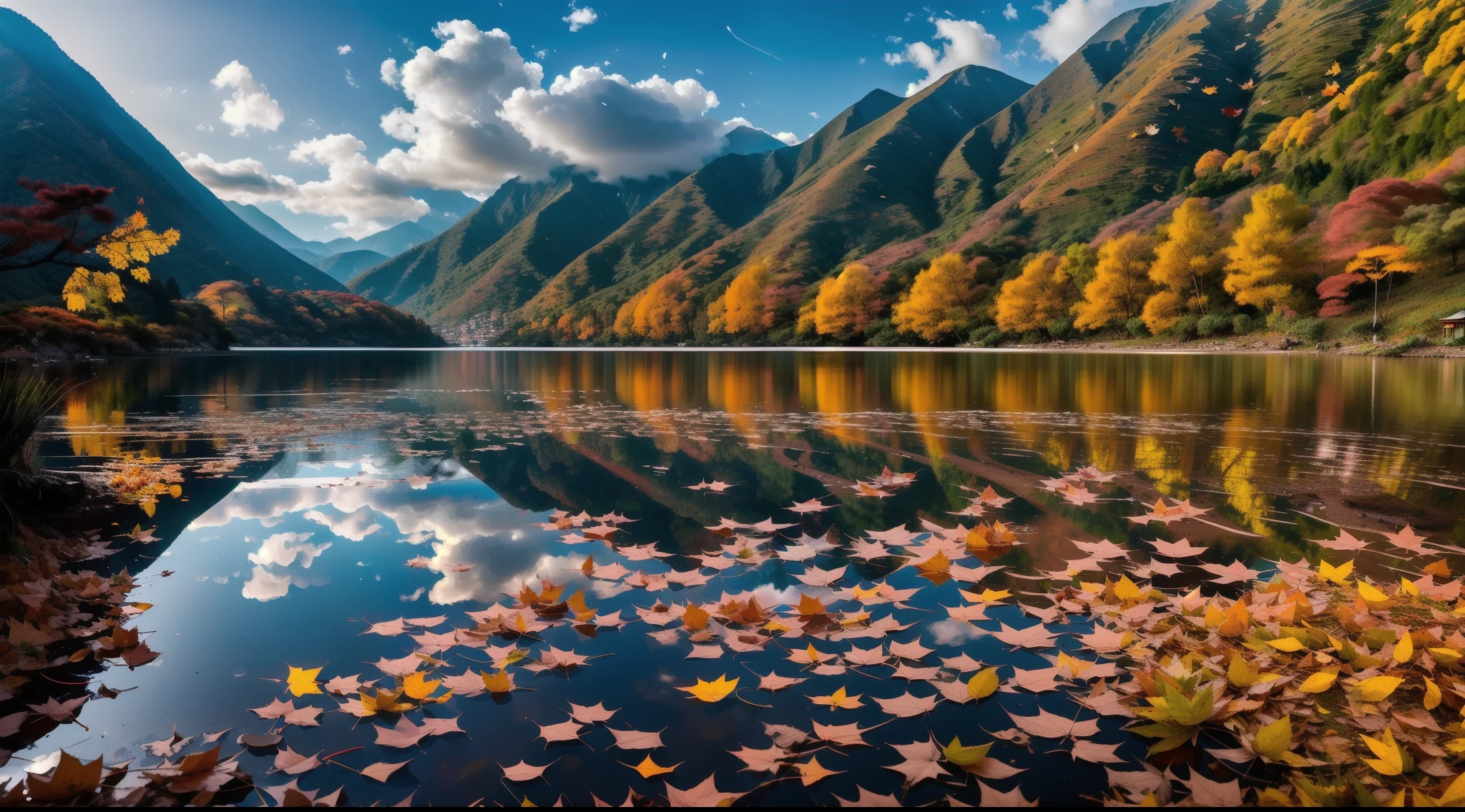 The mountains are plated with orange afterglow,Light shines through the clouds。The lake is blue。Fallen leaves fall on the muddy ground。The mountains are lined with greenery。