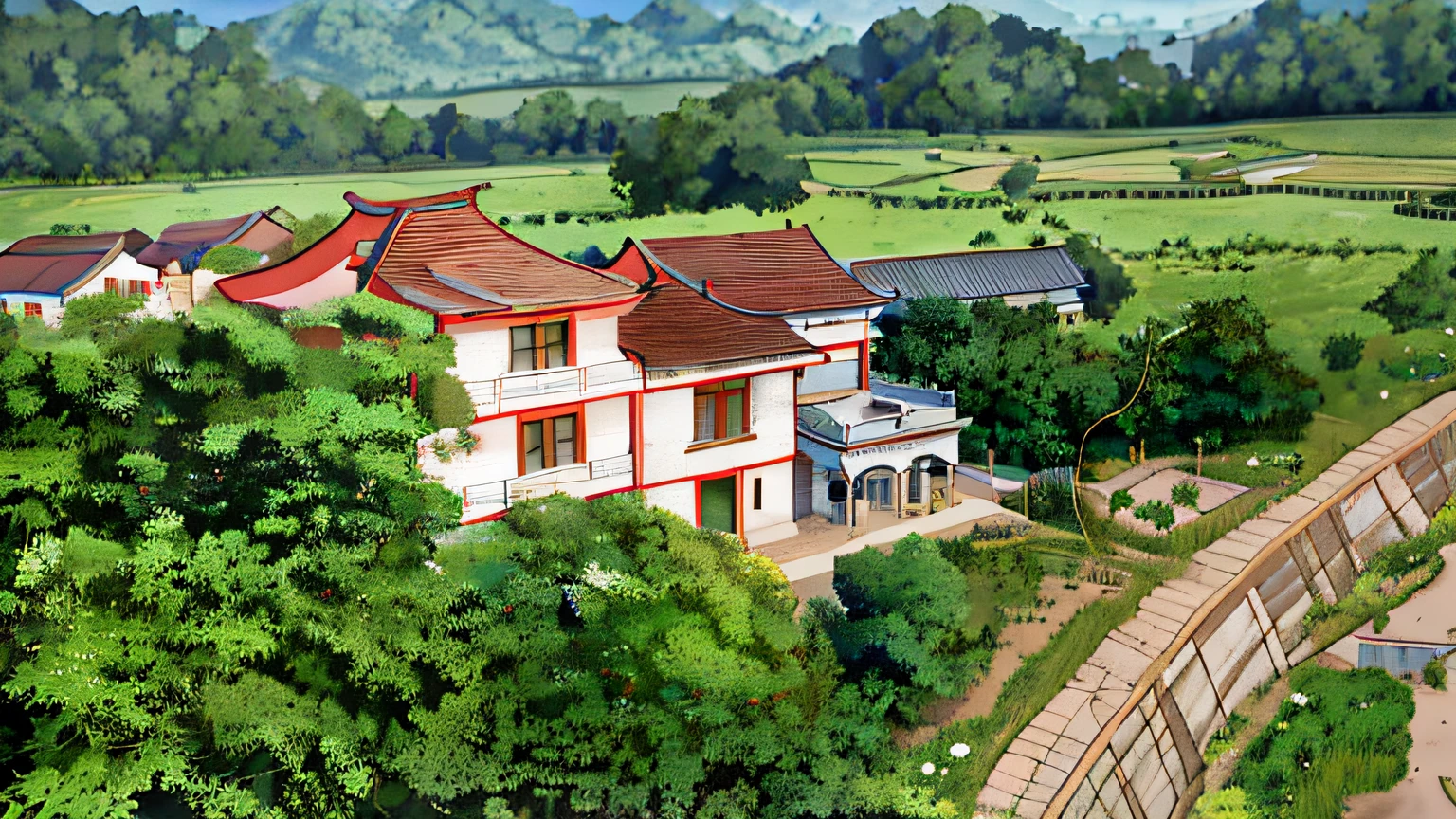 Aerial view of houses in rural areas，The background is a mountain, korean countryside, historical context, countryside in japan,The yard is full of flowers, ornate retreat, 1 8th century manor, Japanese countryside,, looking from above, korean traditional palace, Regal Manor, farm house, ji-min, Old house, exterior