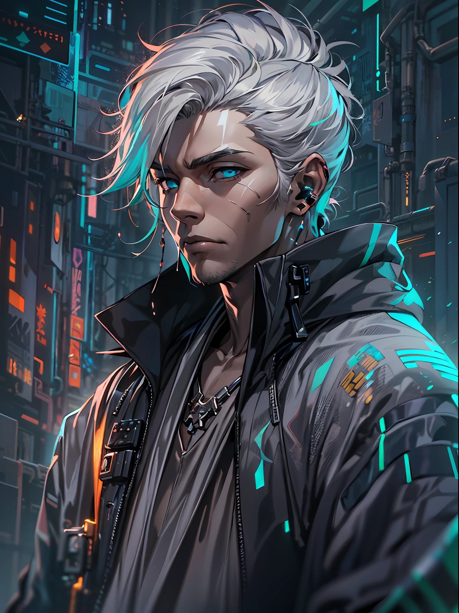 cyber punk perssonage ,A male,fansty world,tokyo background,Clean design,Epic Instagram,art stations,Colorful paint splashes,contours,Hyper-detailed intricate details,unreal-engine,(Futuristic fantasy:1.3),(holographic projections:1.2),(cyber punk style:1.3),Complicated details,splash image,complementary colours,fantasy concept art,8K分辨率,A masterpiece of deviantart,oil painted,Heavy strokes,paint drips,(Isolate on a white background:1.3),Rainbow skins,(((A handsome young))), (glow blue eyes), ((Eyes have light)),((((Short gray hair:1.1))), ((black-clad)), (prinz\\(Indifferent expression\\),, (((Wearing a luxurious black robe with high details))), A head of white hair,(chest muscle) --v 6