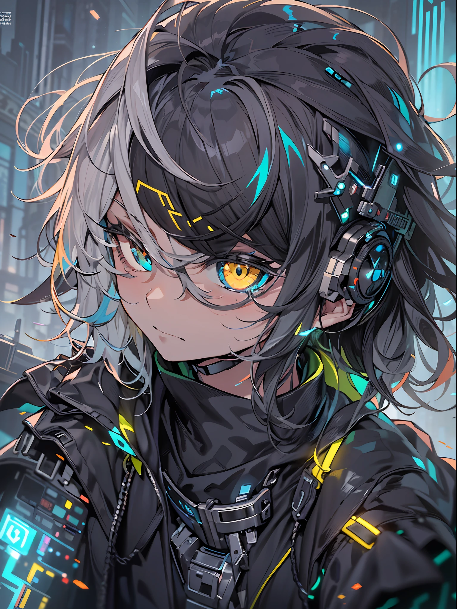 cyber punk perssonage ,A male,fansty world,tokyo background,Clean design,Epic Instagram,art stations,Colorful paint splashes,contours,Hyper-detailed intricate details,unreal-engine,(Futuristic fantasy:1.3),(holographic projections:1.2),(cyber punk style:1.3),Complicated details,splash image,complementary colours,fantasy concept art,8K分辨率,A masterpiece of deviantart,oil painted,Heavy strokes,paint drips,(Isolate on a white background:1.3),Rainbow skins,(((A handsome young))), (glow blue eyes), ((Eyes have light)),((((Short gray hair:1.1))), ((black-clad)), (prinz\\(Indifferent expression\\),, (((Wearing a luxurious black robe with high details))), A head of white hair,(chest muscle) --v 6