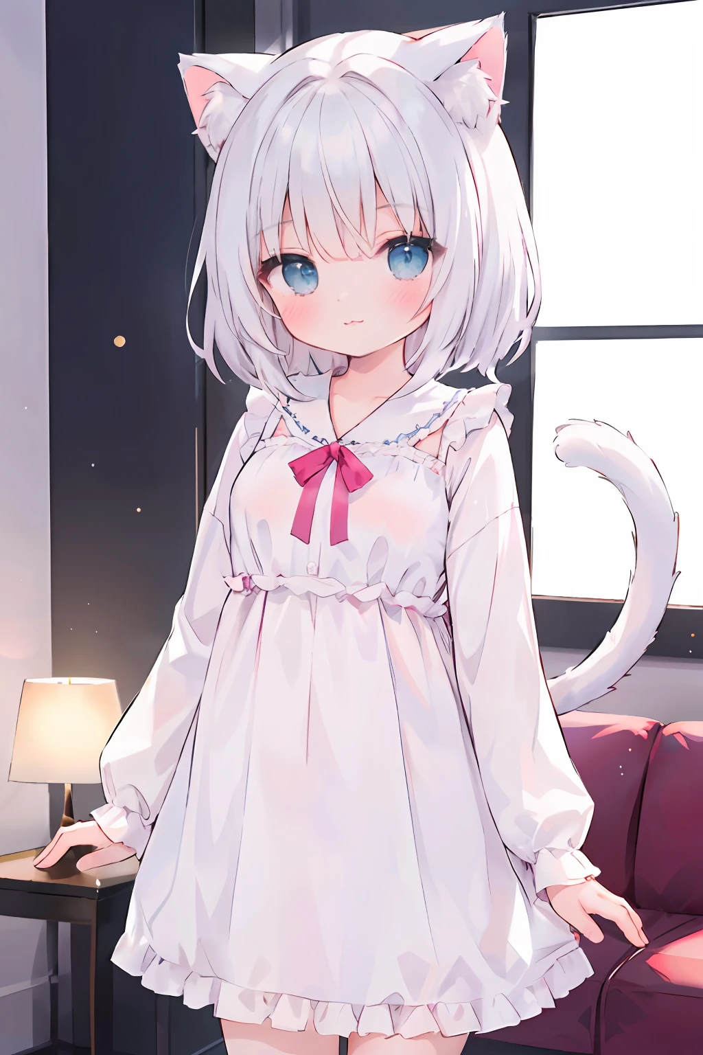 cute 1girl, nightgown, :3, cat ears, cat tail, blush, medium breasts, lens flare, blurry background, looking at viewer