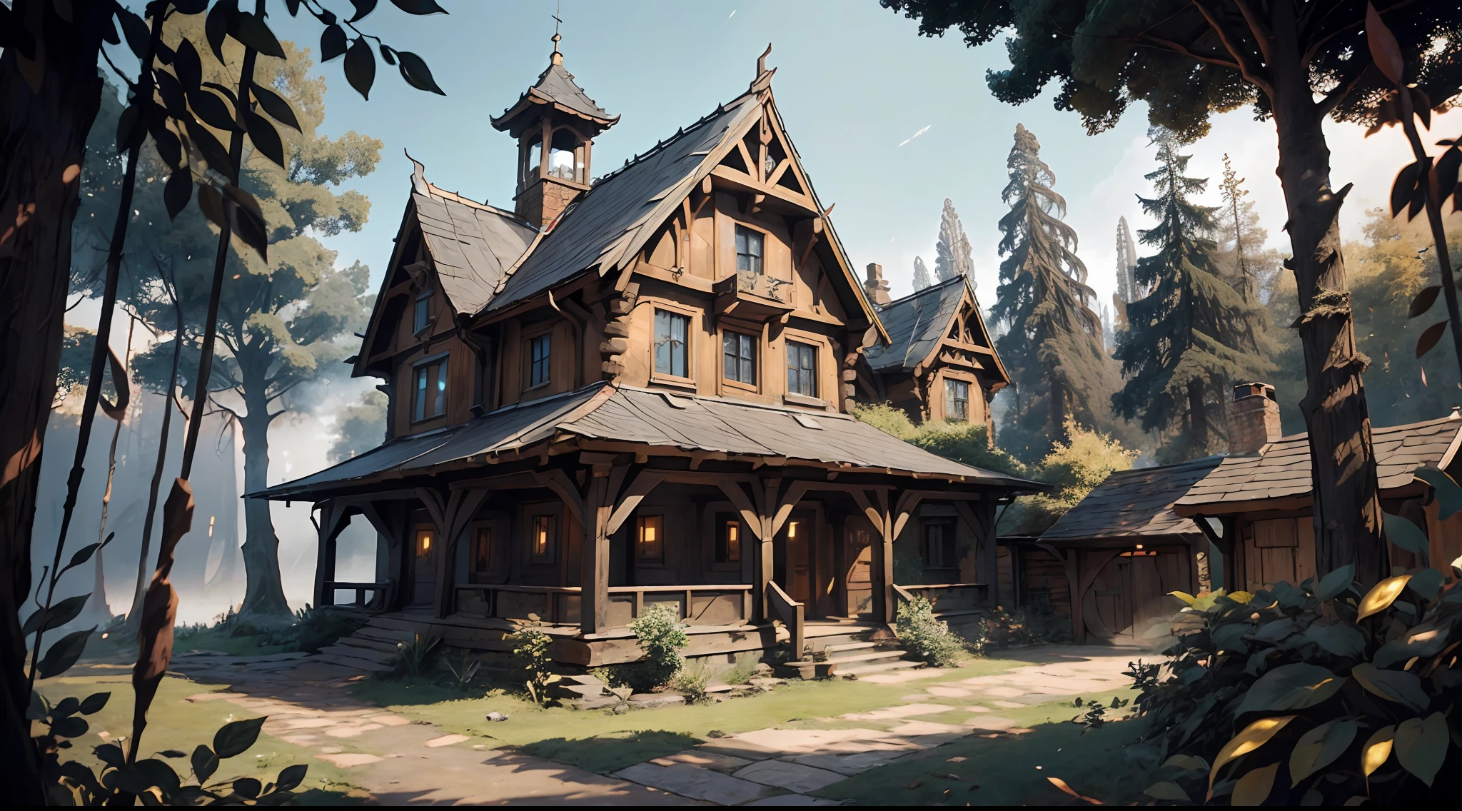 (ultra-detailed CG unity 8k wallpaper,masterpiece, best quality, depth of field, HDR, intricate), medieval village deep in the forest, wood houses, medieval fantasy, from Brian Froud and Carne Griffiths and Wadim Kashin and John William Waterhouse, 8K post-production, high resolution, hiper detailed, trending in artstation, sharp-focus, Studio photo, from Greg Rutkowski