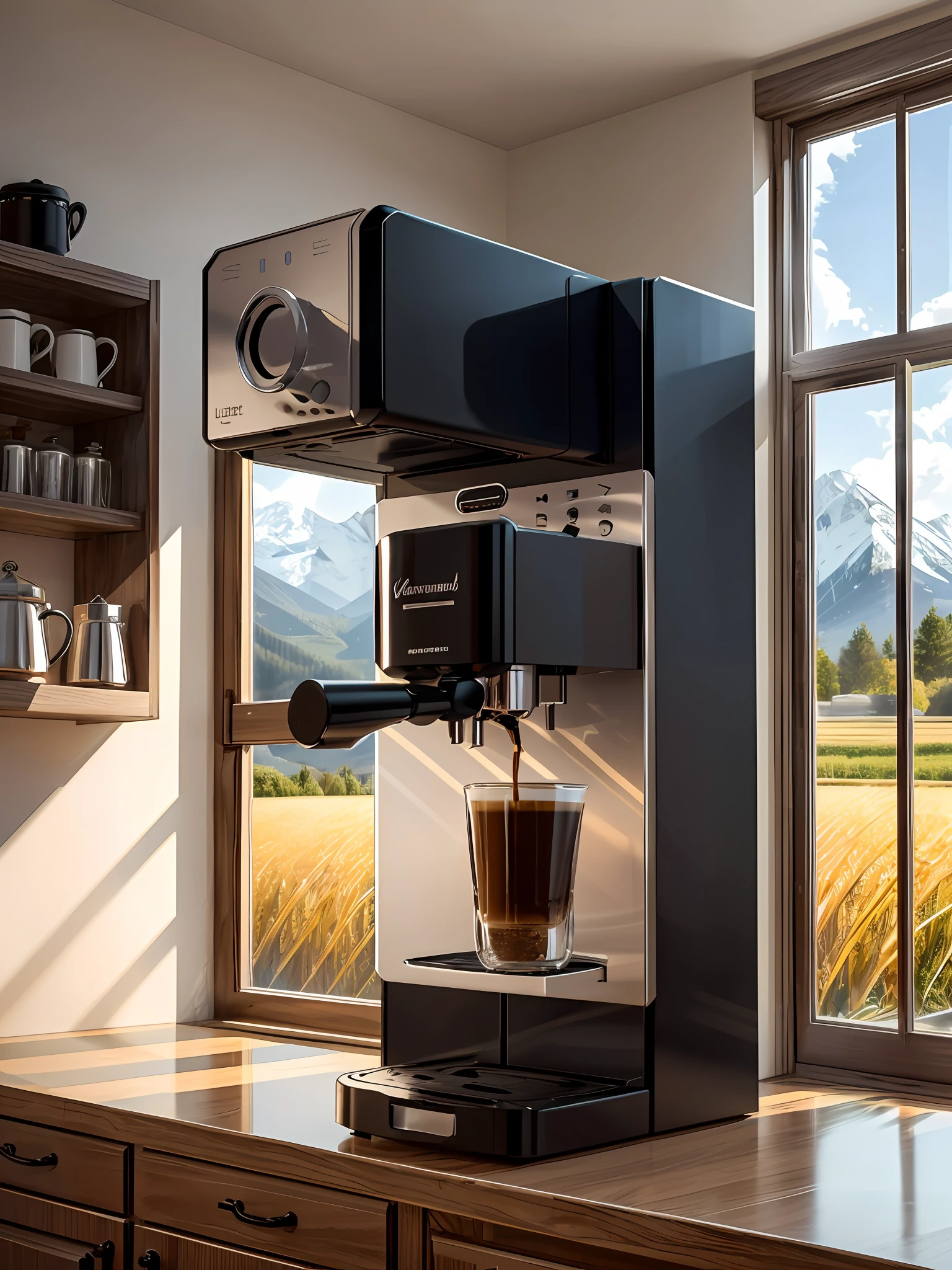 there is a coffee machine that is on a counter in a kitchen, radiant morning light, natural morning light, a wide full shot, coffee machine, espresso machine, high resolution product photo, scenic full shot, photoreal octane rendering, hard morning light, morning light, semi - realistic render, cinematic morning light, abundant detail, masterpiece work of art, evening sunlight