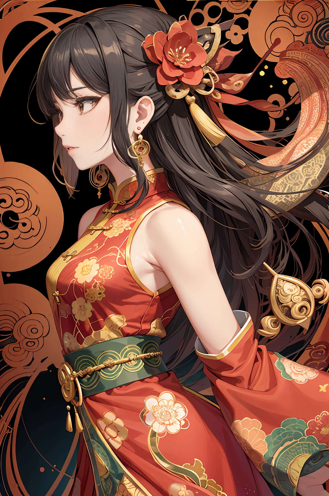 （tmasterpiece，top Quority，best qualtiy，offcial art，Beauty and aesthetics：1.2），（1girll：1.3），The is very detailed，（s fractal art：1.1），（a color：1.1）（blossoms：1.3），Most detailed，Red cheongsam，Climactic expression，facing to audience，Exquisite facial features，tear-mole（ zentangle:1.2), (Dynamic pose), (abstract backgrounds:1.3), (Chinese Traditional Cloth:1.2), (Shiny skin), (many color:1.4), ,(Earrings:1.4),8K