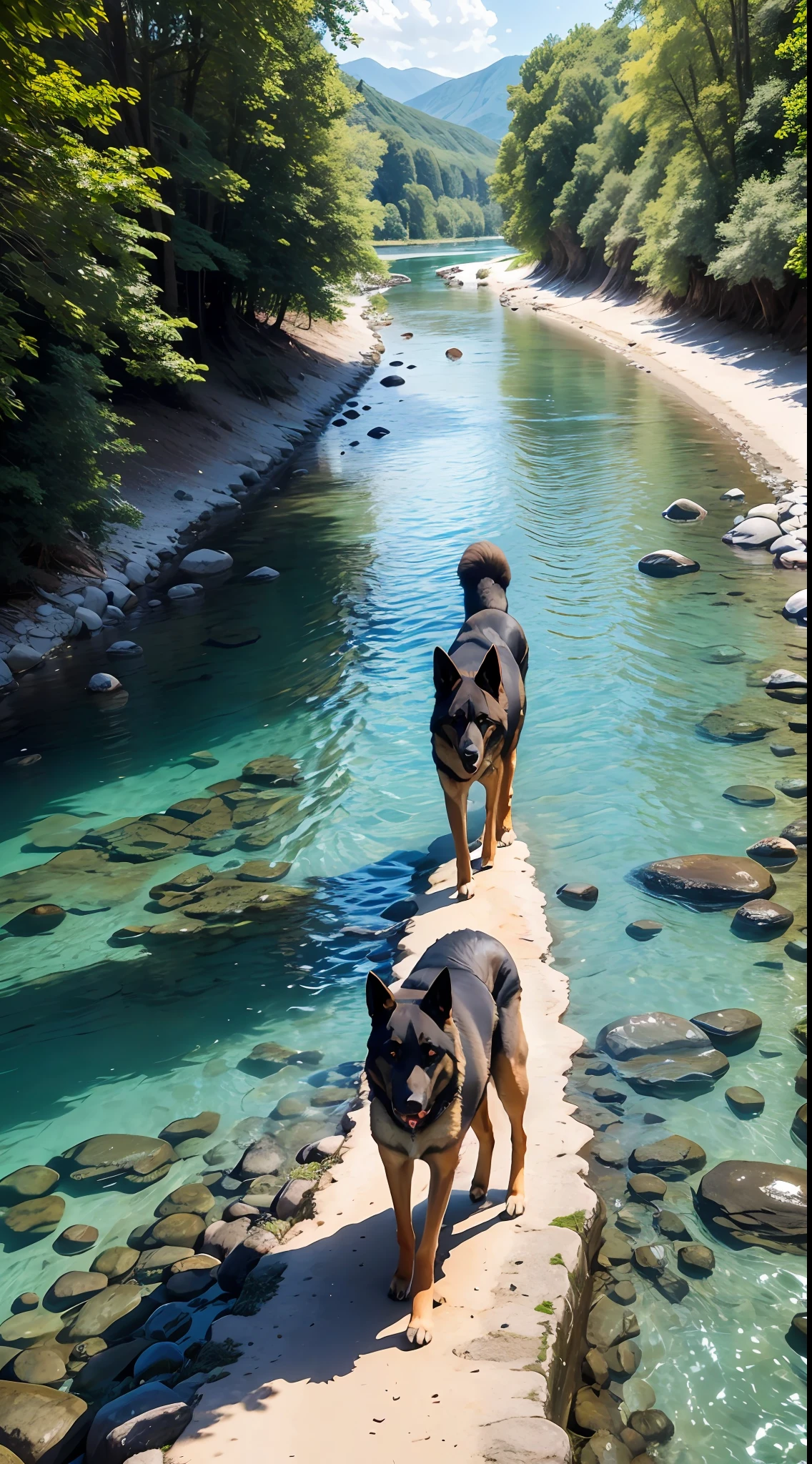 German shepherd walking along a river with a landscape of clear waters and an ultra-realistic transparent 4k photo