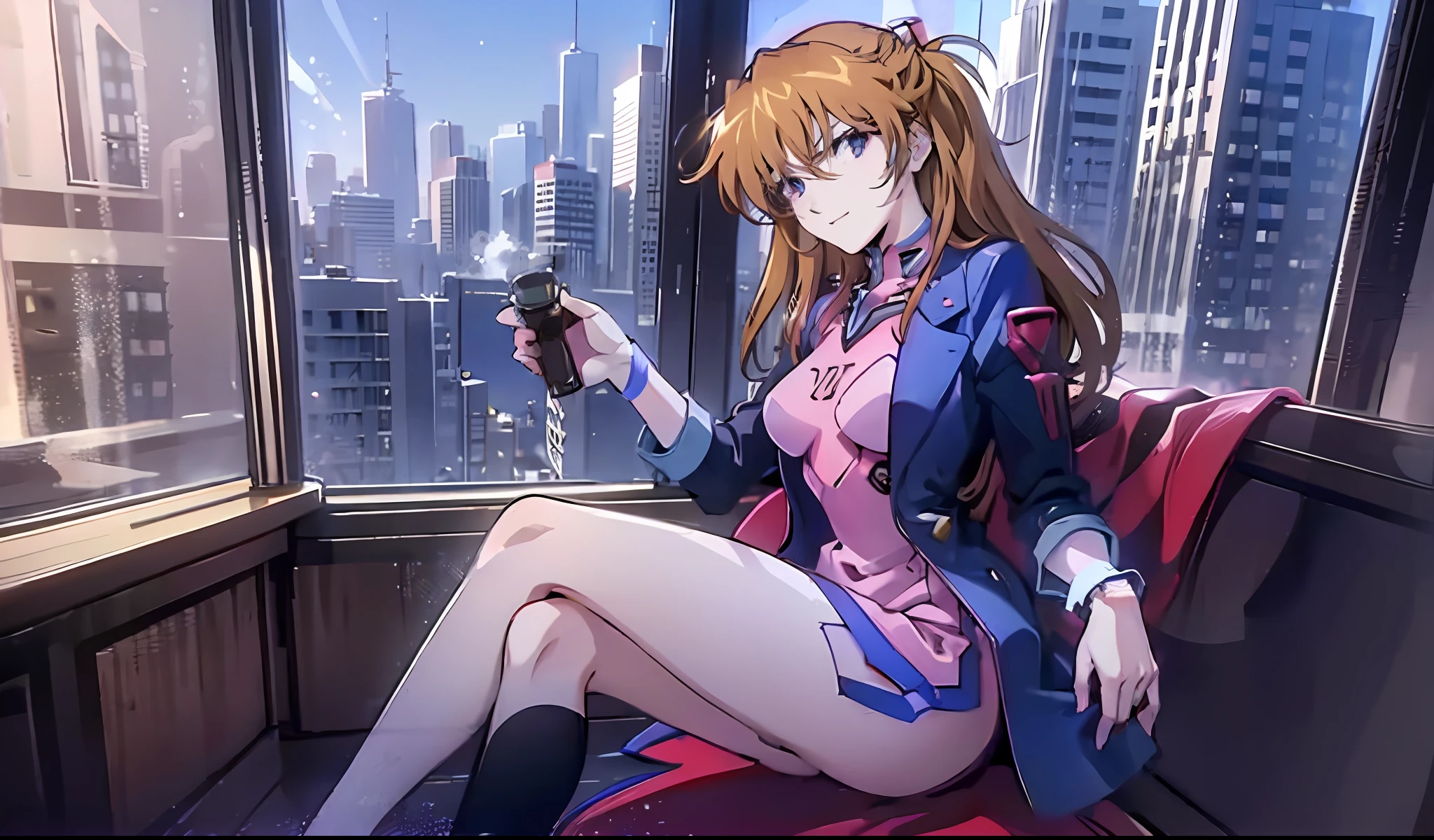 asuka, 1girll, solofocus, Tall female, Very long hair, Large breasts, Wide hips, sharpy face, Jewel-like eyes, Serious, Tired, Wearing a long gray coat, Black blazer, black sock, Stylish sneakers, Accessories, smartwatch, flower hair ornaments, Cute smile, Sitting, Cafe, coffee shop ambience, coffee shop aesthetic, snow on window, dawn, window view, massive cityscape, Beautiful view, dim-lit ambience, holding coffee, {correct posing}, {detailed outfits}, {Detailed body}, {Correct body anatomy}, {Extremely beautiful and delicate anime face and eyes}, {minute details}, {Intricate details}, {Delicate}, (Masterpiece), (Best quality), (the wallpaper), (8K HD),