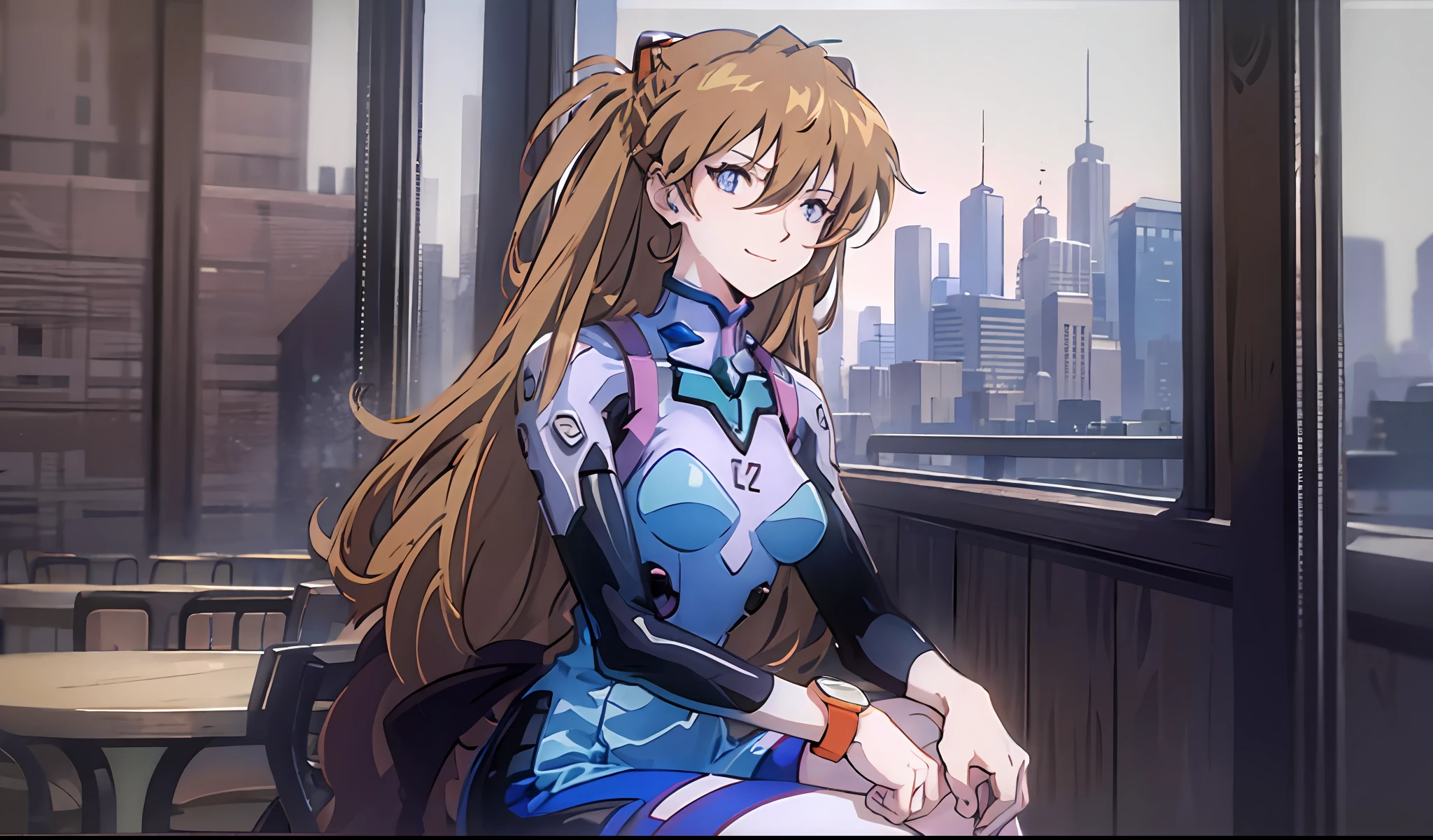 asuka, 1girll, solofocus, Tall female, Very long hair, Large breasts, Wide hips, sharpy face, Jewel-like eyes, Serious, Tired, Wearing a long gray coat, Black blazer, black sock, Stylish sneakers, Accessories, smartwatch, flower hair ornaments, Cute smile, Sitting, Cafe, coffee shop ambience, coffee shop aesthetic, snow on window, dawn, window view, massive cityscape, Beautiful view, dim-lit ambience, holding coffee, {correct posing}, {detailed outfits}, {Detailed body}, {Correct body anatomy}, {Extremely beautiful and delicate anime face and eyes}, {minute details}, {Intricate details}, {Delicate}, (Masterpiece), (Best quality), (the wallpaper), (8K HD),