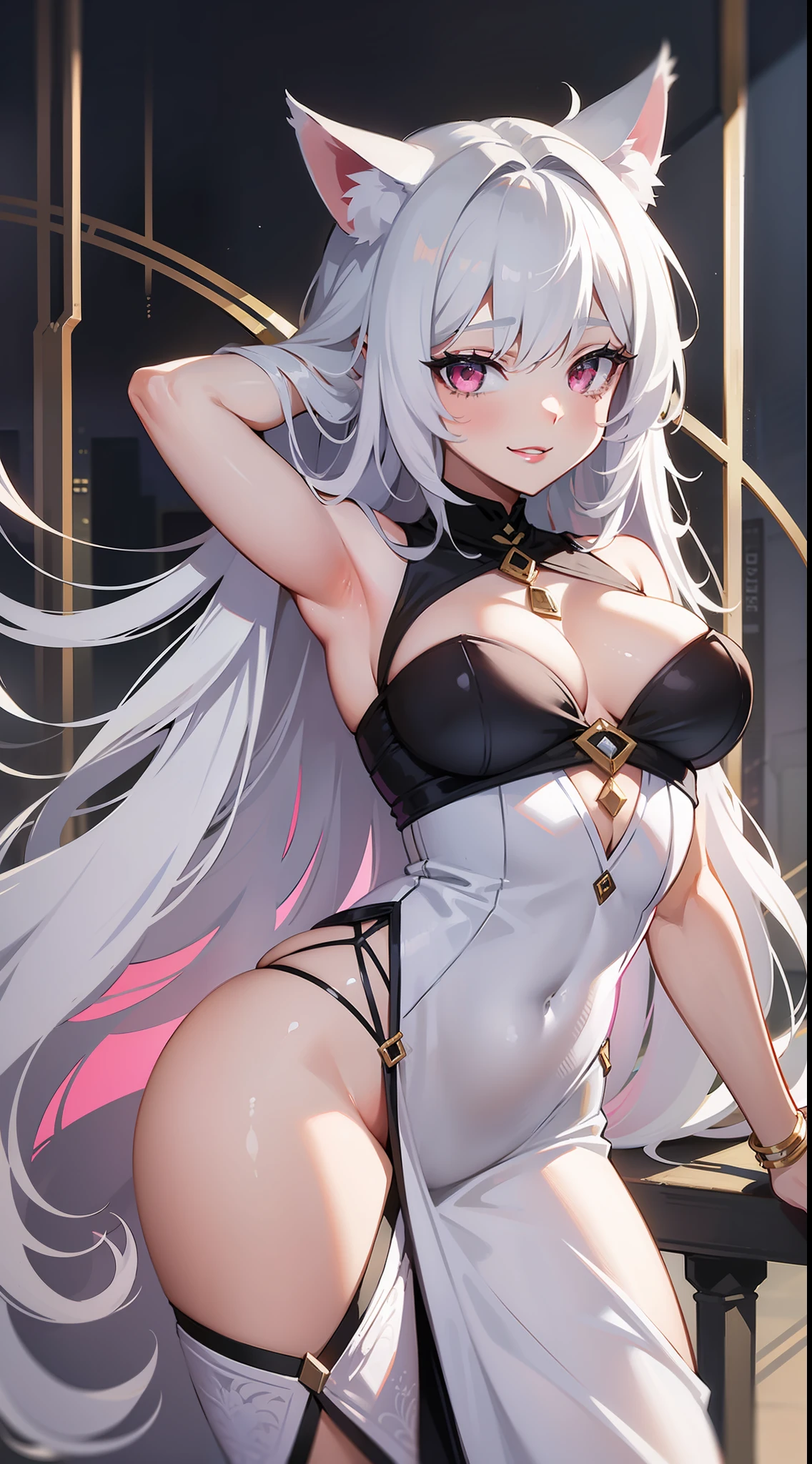 Adult woman, Long white hair, cat ears, pink eyes, white luxury dress, open breasts, white lipstick, ssmile, Masterpiece, hiquality