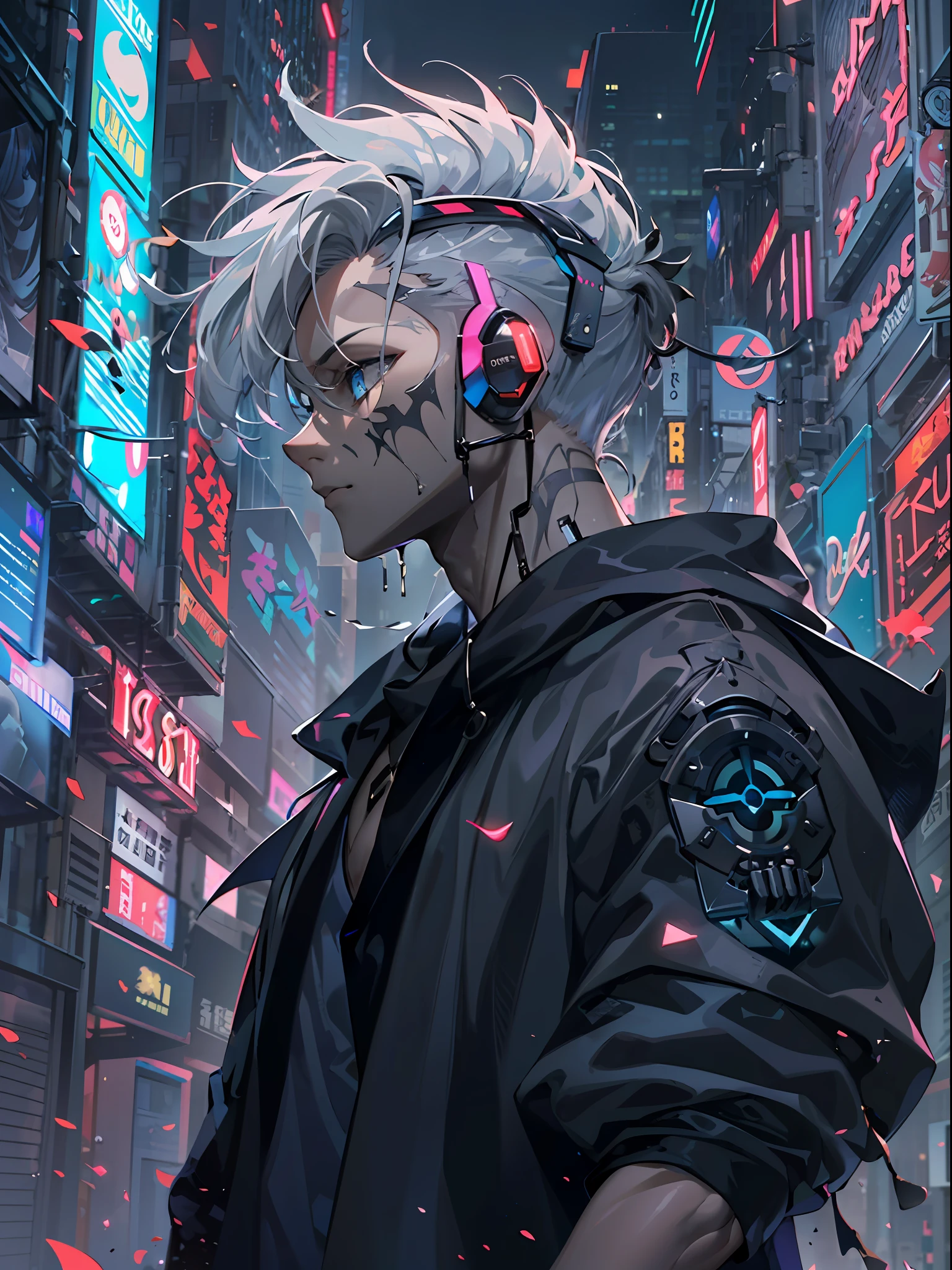 cyber punk perssonage ,A male，fansty world，tokyo background，Clean design，Epic Instagram，art  stations，Colorful paint splashes，contours，Hyper-detailed intricate details，unreal-engine，（Futuristic fantasy：1.3），（holographic projections：1.2），（cyber punk style：1.3），Complicated details，splash image，complementary colours，fantasy concept art，8K分辨率，A masterpiece of deviantart，oil painted，Heavy strokes，paint drips，（Isolate on a white background：1.3），Rainbow skins，(((A handsome young))), (glow blue eyes), ((Eyes have light))，((((Short gray hair:1.1))), ((black-clad)), (prinz\\(Indifferent expression\\),, (((Wearing a luxurious black robe with high details))), A head of white hair，(chest muscle) --v 6