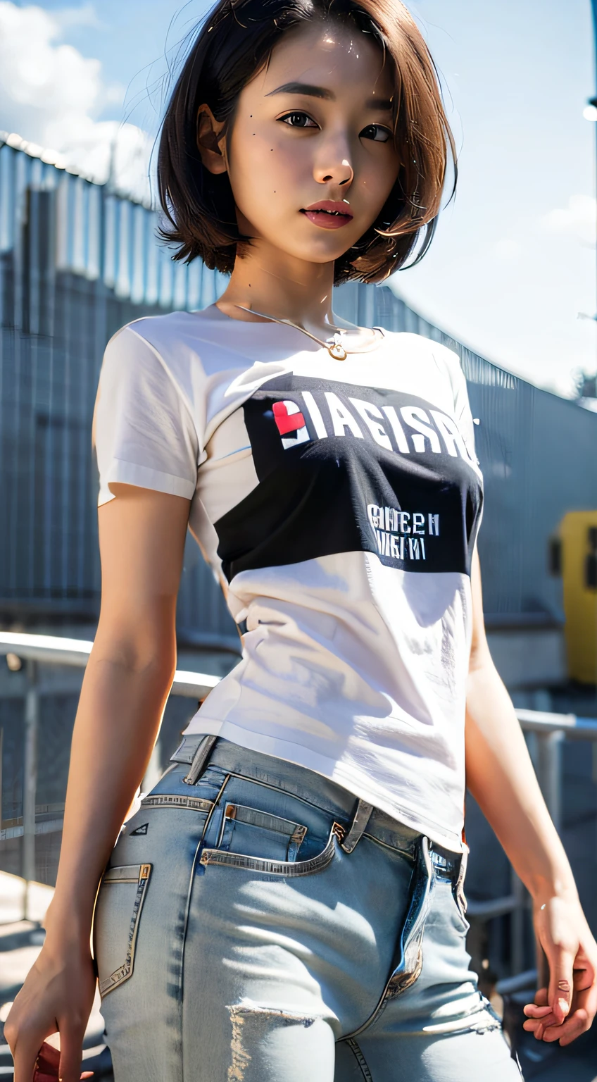 Oversized T-shirt、Skinny denim pants