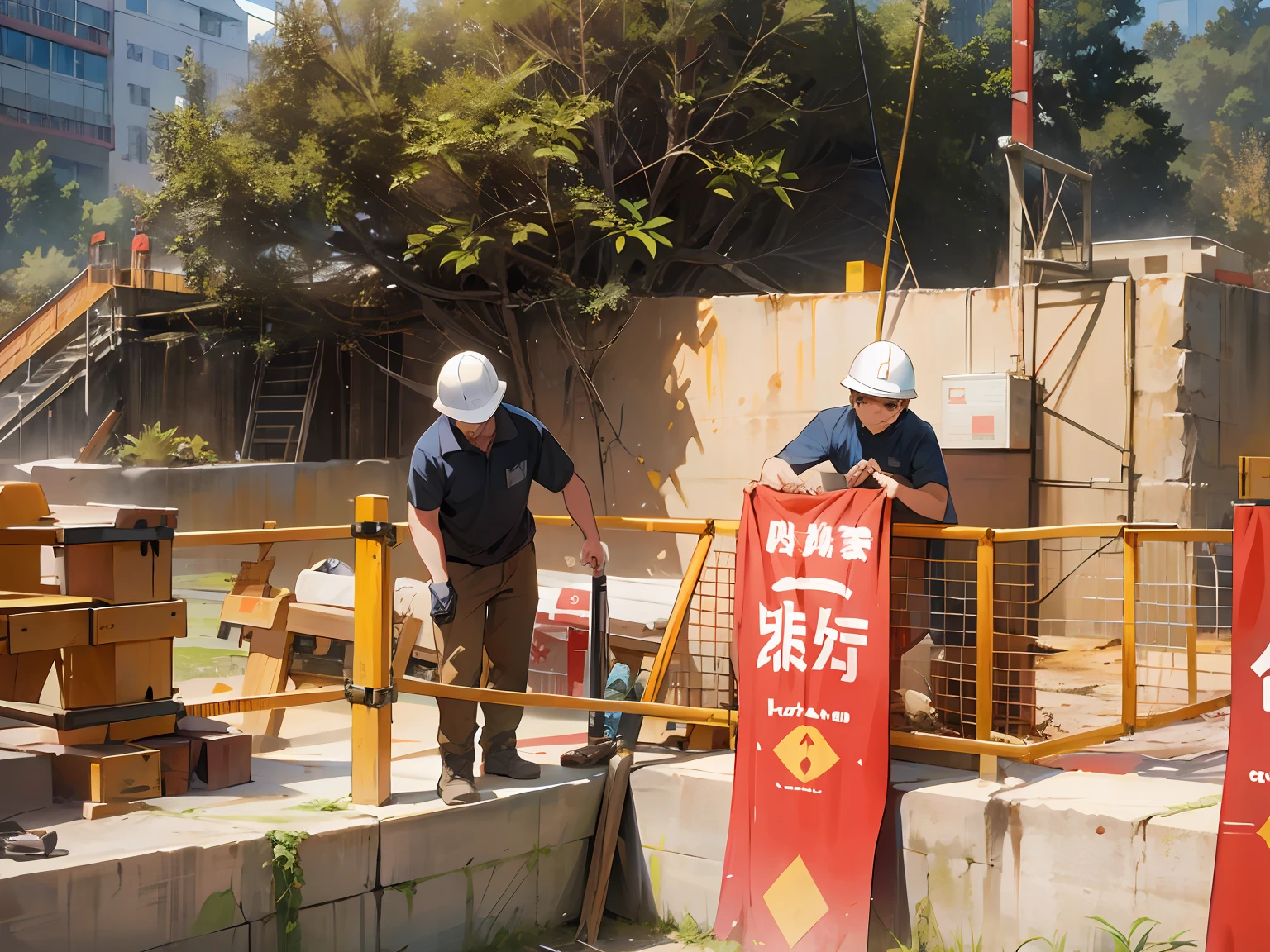 Construction site,There is a large earthen pit,The baffle next to the pit is broken,Several managers are tinkering。Illustration style。