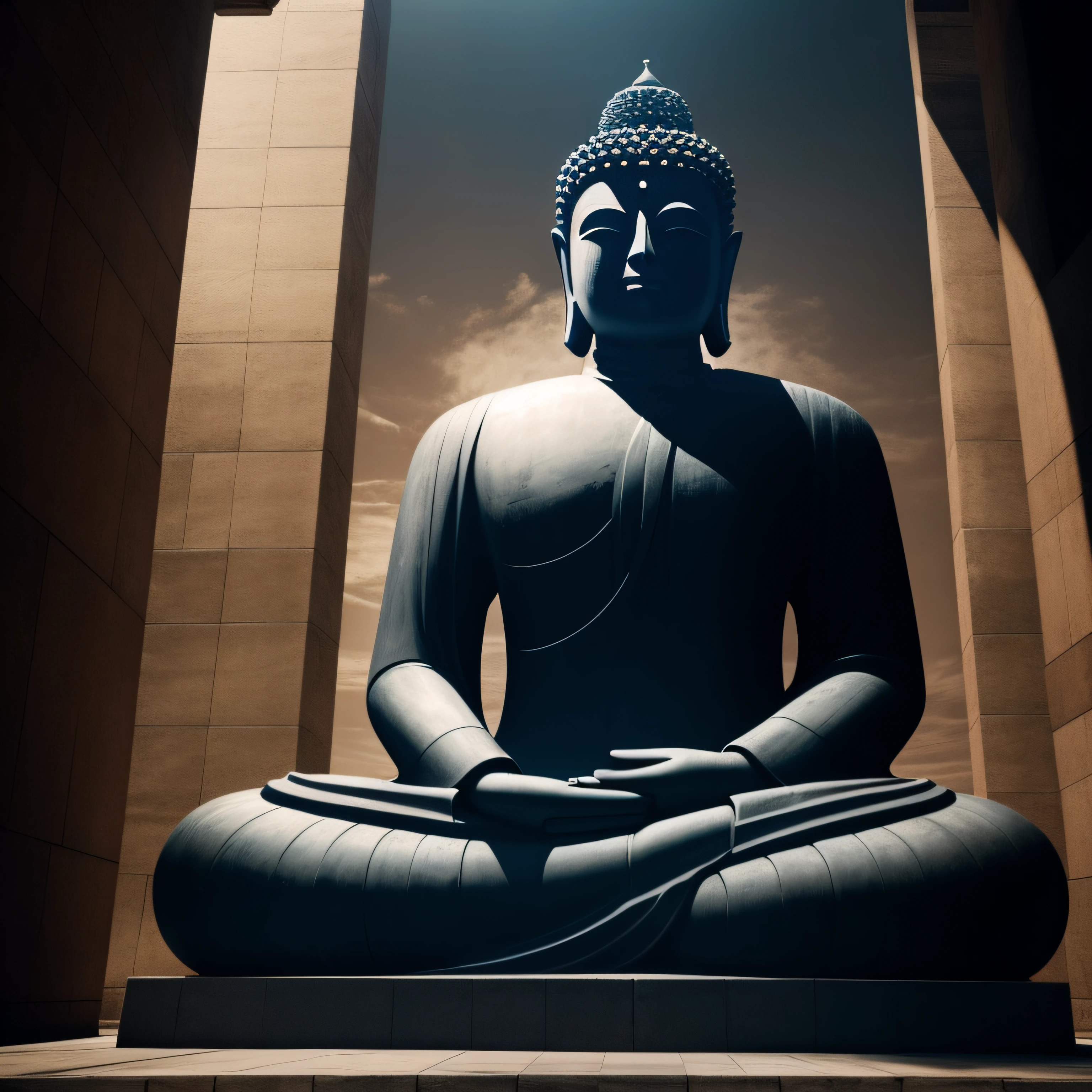 abyssal，no light，Huge Buddha statue，diver