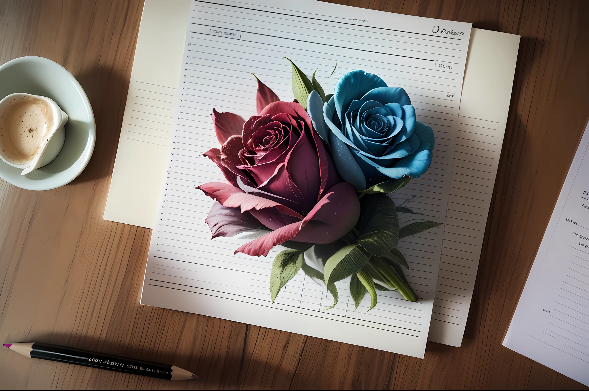 a blue rose on the table next to a pencil paper. View from above. --auto --s2