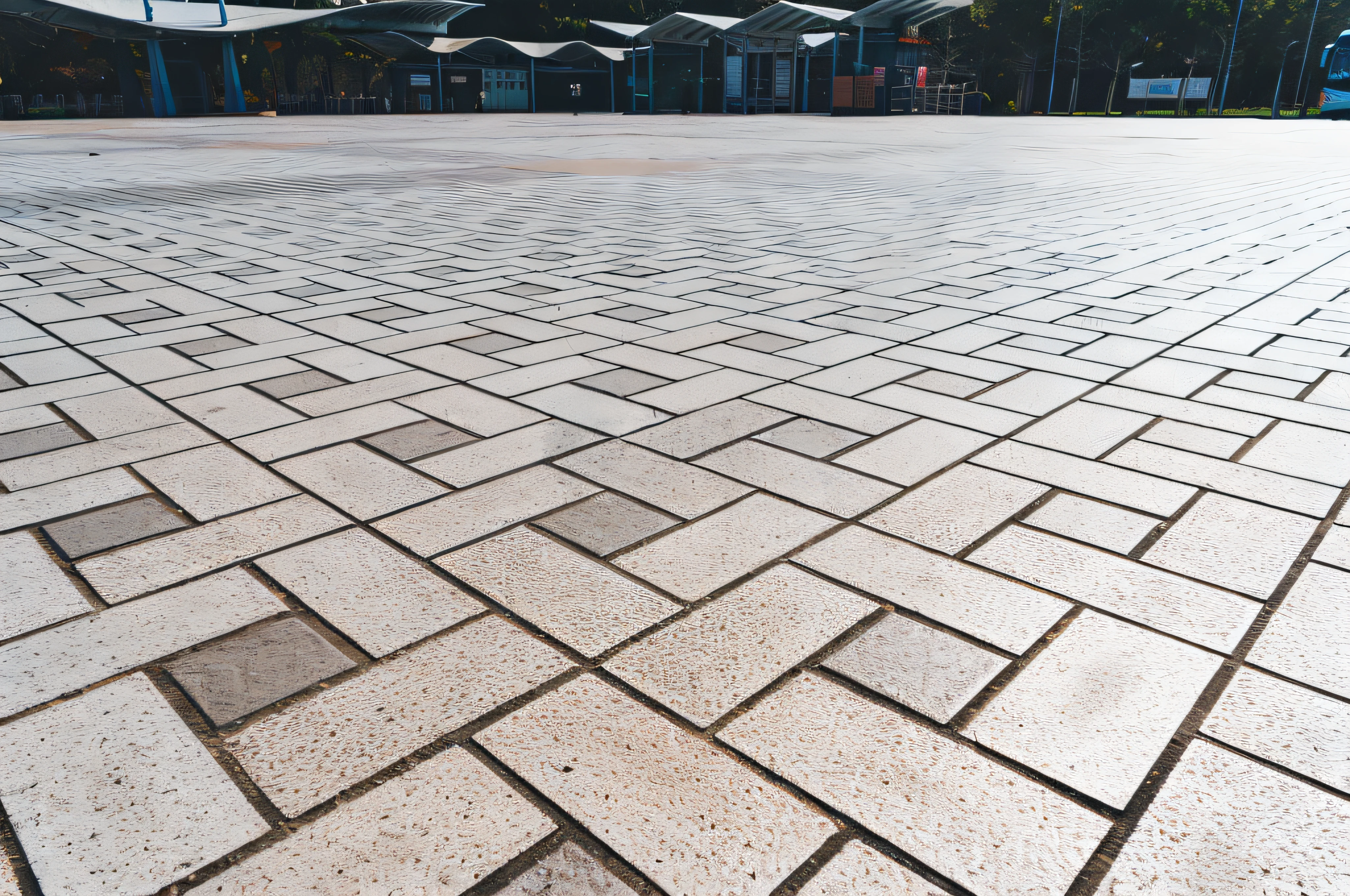 There is a picture of a large brick floor，There is a clock on it, Paved, Ancient stone tiles, pavements, Square line, angular dynamic white rock floor, street of teal stone, Floor tiles, Stone floor, Pebbles on the ground, floor texture, ground perspective, school courtyard, Concrete brick background, composite, tiles, Mosaic stone floor