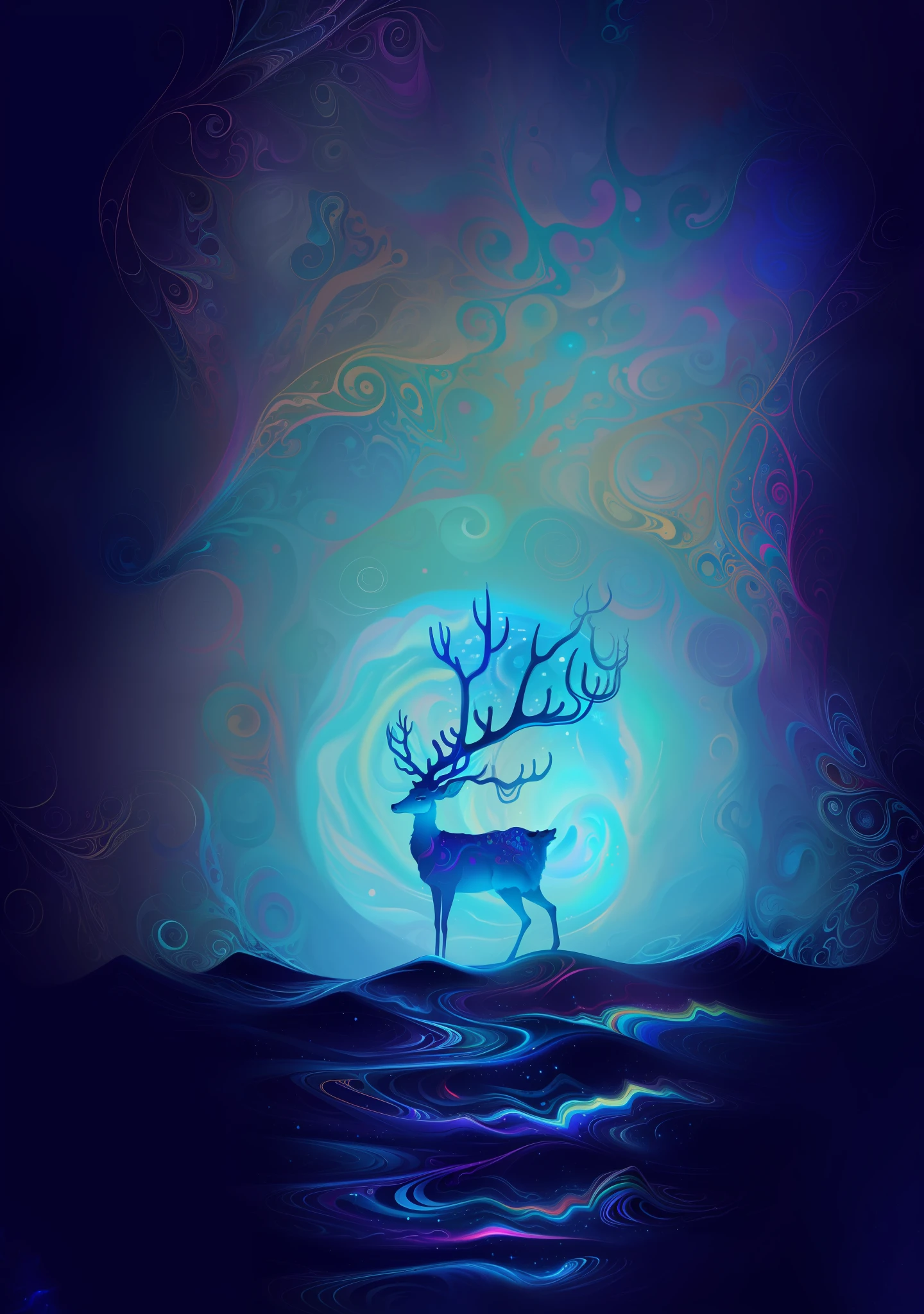 (Psychedelic painting of a deer standing in front of a colorful swirl), ((multiple antlers, stag, big head)), bright colors, thick lines, waves, multiple layers, foreground, perspective, fractal Thunder Dan Mumford , Dan Mumford and Alex Gray style, psychedelic surreal art, surreal psychedelic design, dream art style, illusion psychedelic art, infinite psychedelic waves, inspired by Cyril Rolando Rolando), realistic ripple structure, psychedelic art style, psychedelic art, psychedelic illustration -- V6