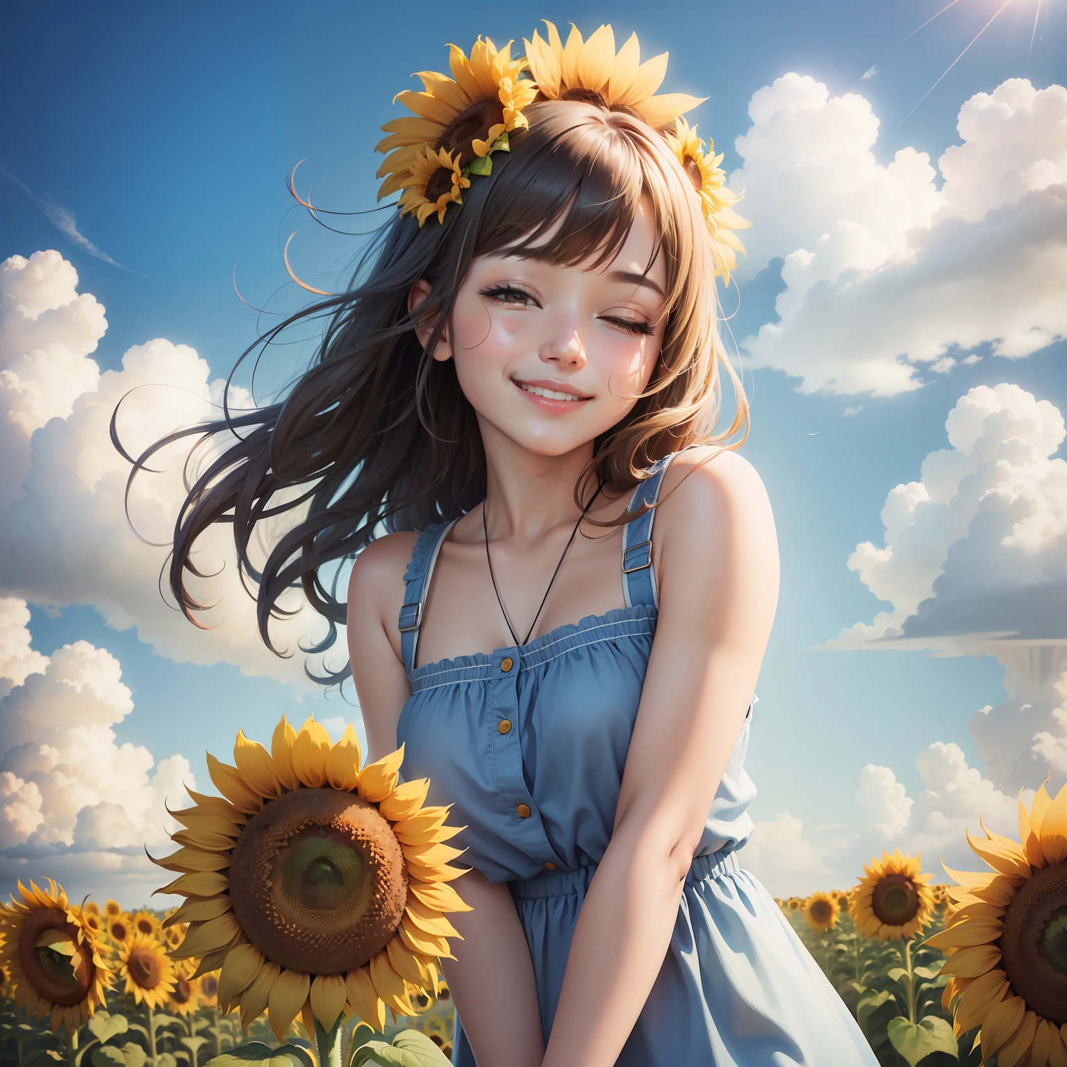 Sunflower squint smile girl blue sky