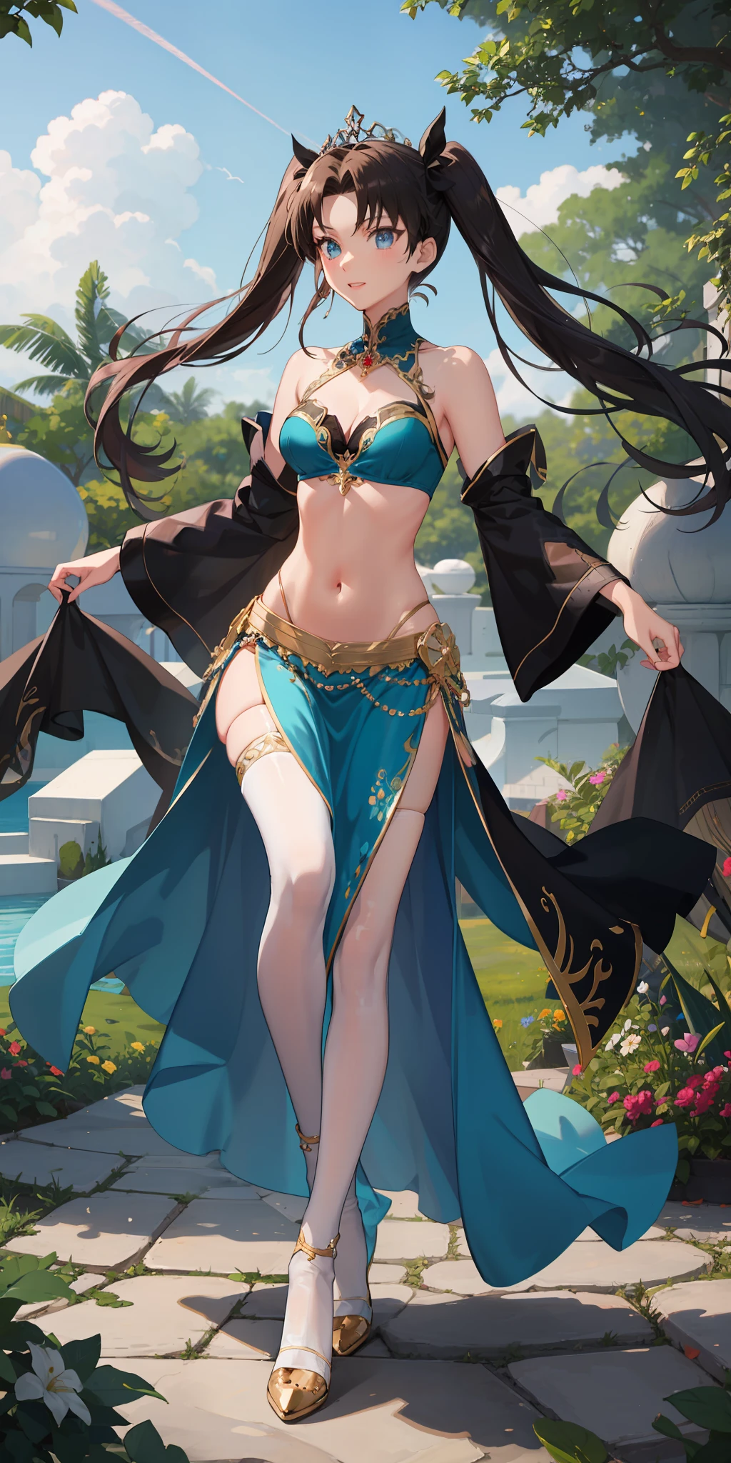 long hair, black hair, medium breast, slim legs, happy, bluish gown, cleavage, arabian belly dancer , short skirt, rin tohsaka, twin tail, navel, garden, blue eyes, tiara, standing, thigh high socks, sunlight