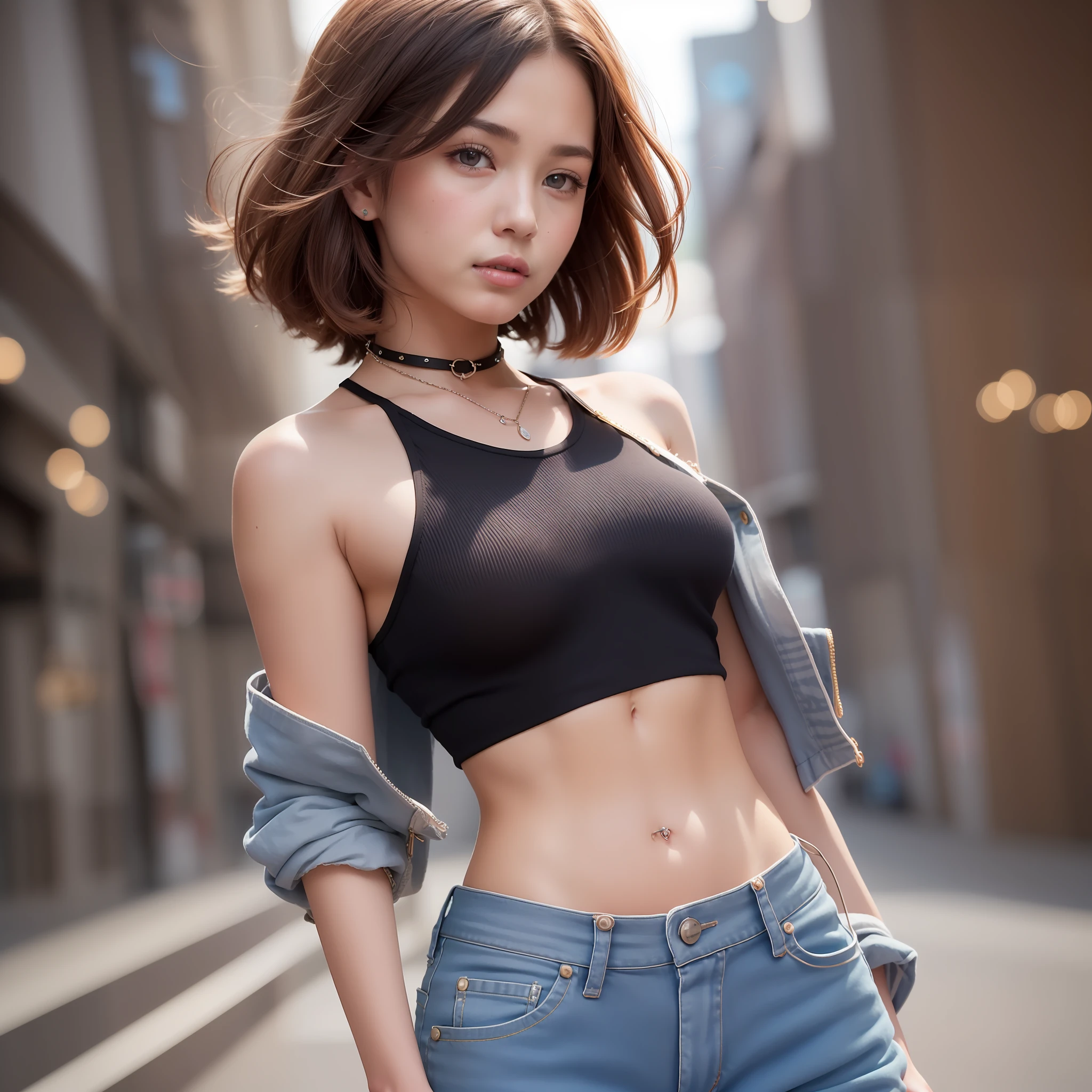 ((medium breast, thick ass, cute girls, small head)), daylight, sunlight, (chiseled abs : 1.1), (perfect body : 1.1), (short wavy hair : 1.2) , auburn hair, collar, chain, full body shot, crowded street, wearing black tanktop, jeans jacket, ((shorts)), (extremely detailed CG 8k wallpaper), (an extremely delicate and beautiful), (masterpiece), (best quality:1.0), (ultra highres:1.0),  beautiful lighting ,perfect lightning, realistic shadows, [highres], detailed skin, ultra-detailed