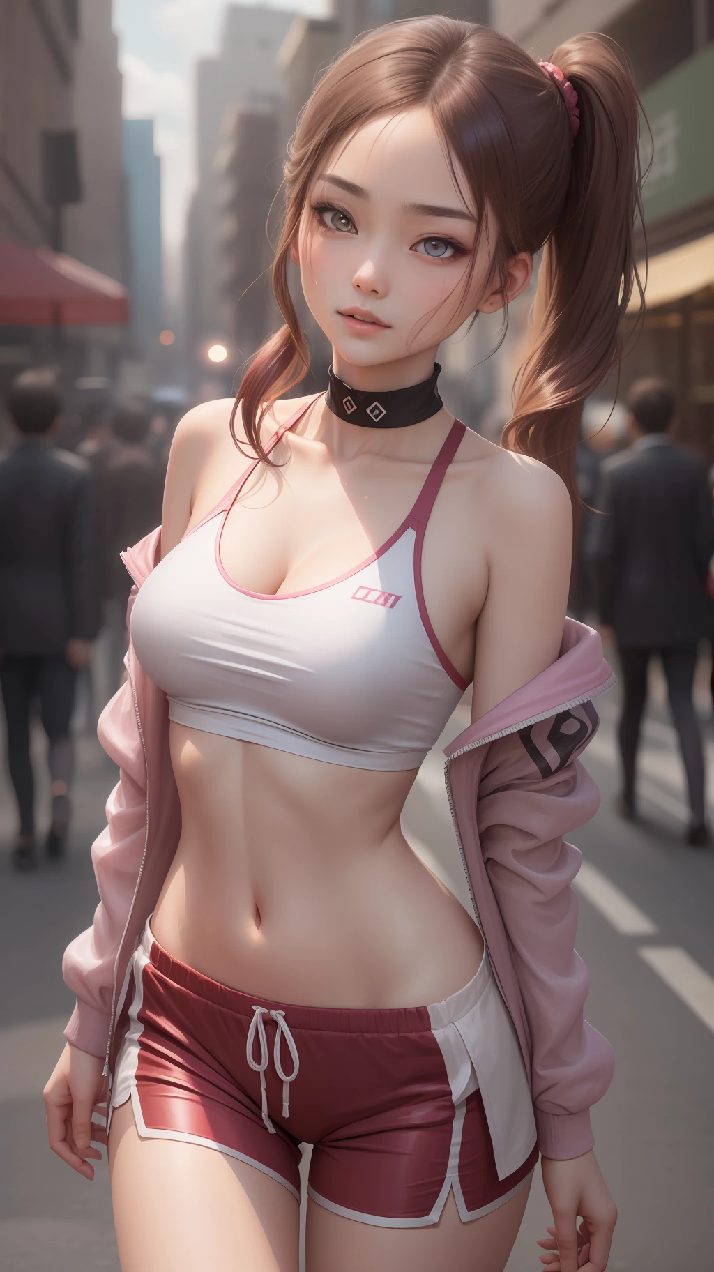 （Best image quality），Glowing eyes，high detal，exquisite facial features，Works of masters，best qualityer，Higher quality，超高分辨率，8K分辨率，depth of fields，s the perfect face，Glowing skin，Young woman，Maroon hair，Oblique ponytail，Delicate facial features，Colorful clear eyes，（（shairband）），Clear silk tracksuit，(sweat shorts)，Dignified and beautiful，Charming，Blurred，Lively street，The flow of people，Side photo