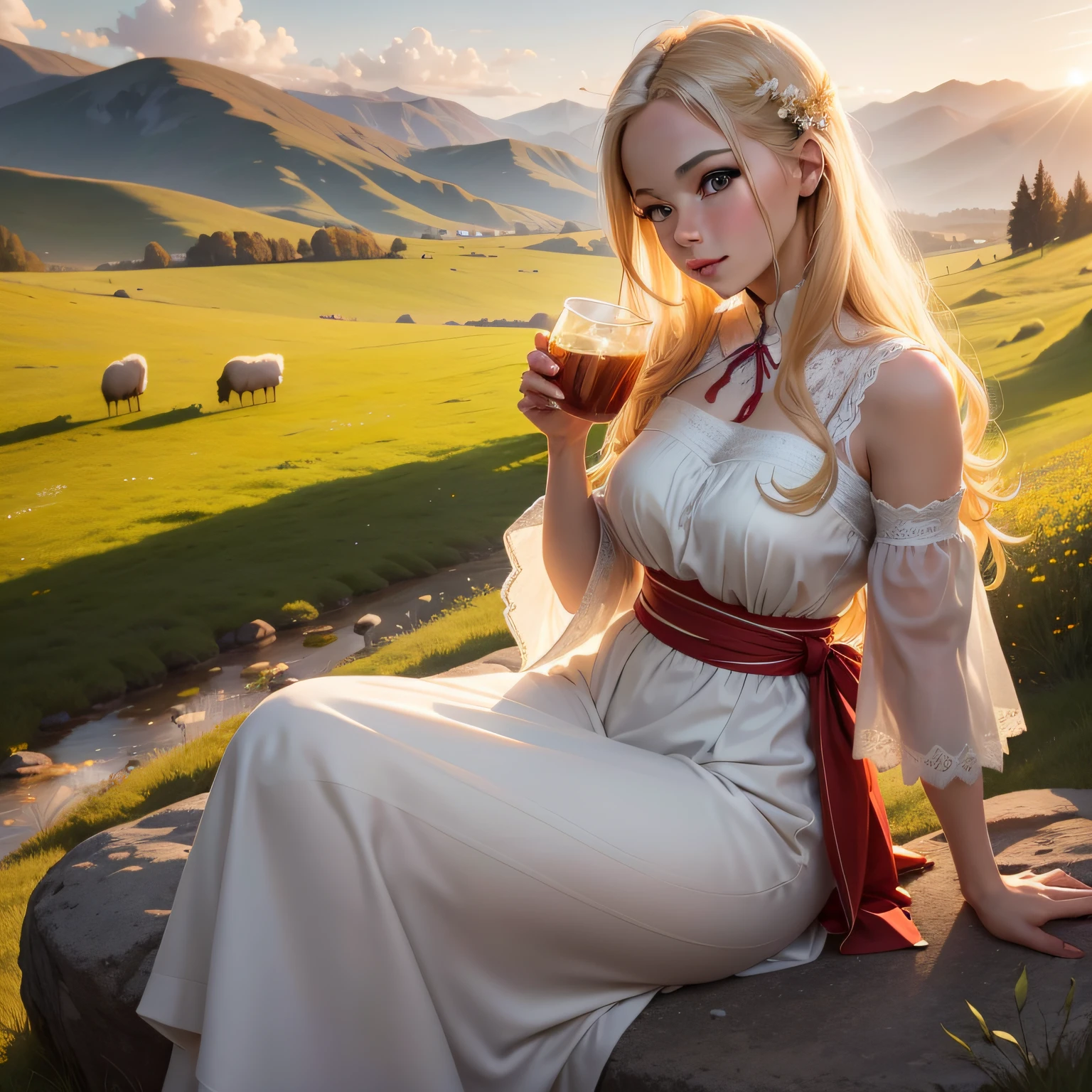 There is a beautiful blonde girl at a meadow herding sheep, she has a beautiful white dress with a red sash at the waistline of the dress, she is sitting on a rock and drinking a cup of tea, sunset is giving the scene a beautiful vibrant yellowish color