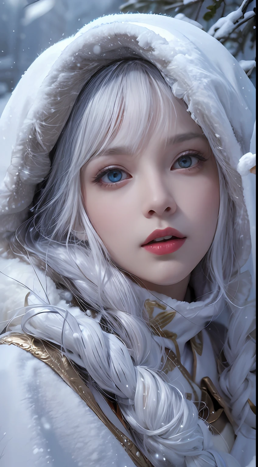 Photorealistic, high resolution, 1 Women, Solo, (Lolita costume)，Gorgeous costumes，Face the audience，The upper part of the body，upper legs， beautidful eyes, White hair, ringed eyes, (outside，Heavy snowfall，Cloak，Cover with snow)，snowfield