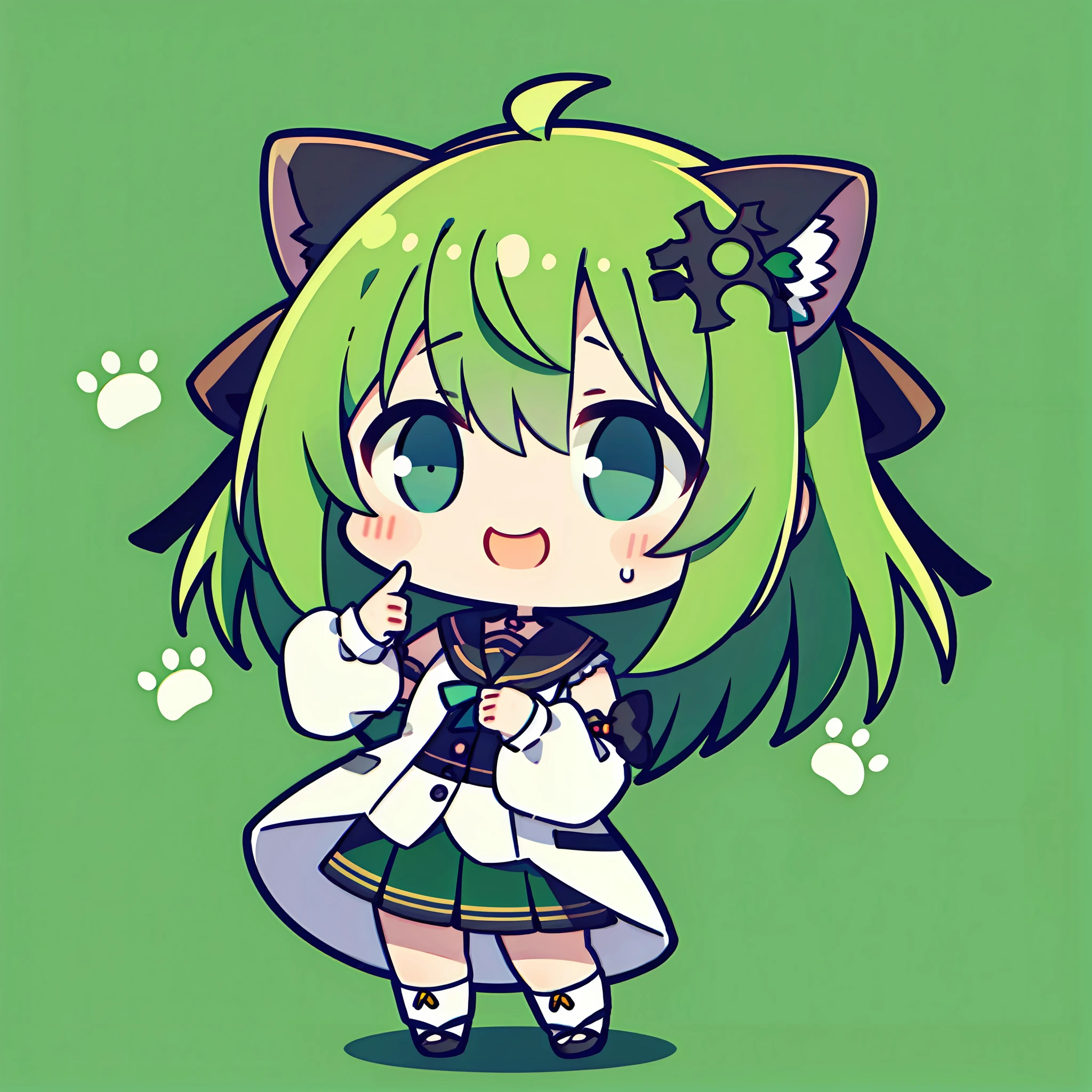 masterpiece, top-quality, Chibi, full bodyesbian, large mouth、sad Facial expression、Sad face、Mass sweat、Full body depiction, 1girl in、Jade-colored jacket、cartoon bone、 Black cat ears,Chibi:1,Chibikyara, Green Hair Anime Girl, cowboy shot, , ribbon-trimmed sleeves, Ribbon trim, side locks, A smile, dynamicposes,