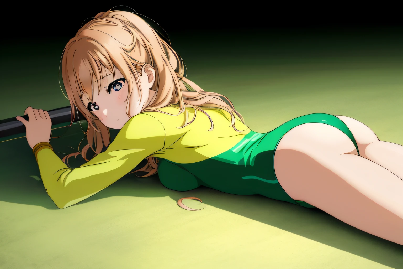 Anime girl lying on the ground with rhythmic gymnastics clubs in hand, Smooth Anime CG Art, photorealistic anime girl render, Realistic anime style, realistic anime, Cute anime girl rendering, an anime girl, render of april, 8k render」, the anime girl is crouching, Seductive Anime Girl, pixiv CG