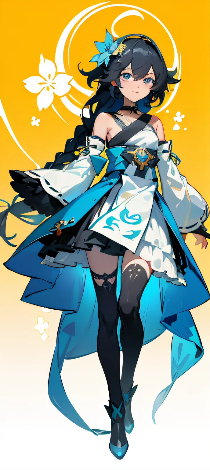 21charturnerv2,charturnbetalora,Shinkai sincerely,Kimi no Nava.,(fantasy:1.4), (azureblueeyes:1.233),Her eyes shone like dreamy stars,(Glowing eyes:1.233),(Beautiful and detailed eyes:1.1),(Black hair:1.14),(Messy hair,Very long hair,french braid,hair between eye,side locks), (+(bule hair flower:1.14)),(Chiffon dress,bule flower pattern in uniform)/=(army suit:1.24),(Detached sleeves,Wide sleeves),(Fingerless gloves),choker necklace,(miko thighhighs),high heels boots,(Expressionless,Closed mouth),(standing),Dreamy,soul,(Fluorescence), [[Delicate fingers and hands:0.55]::0.85],(Detail fingers),White background, full bodyesbian,Boolean themes,Golden background