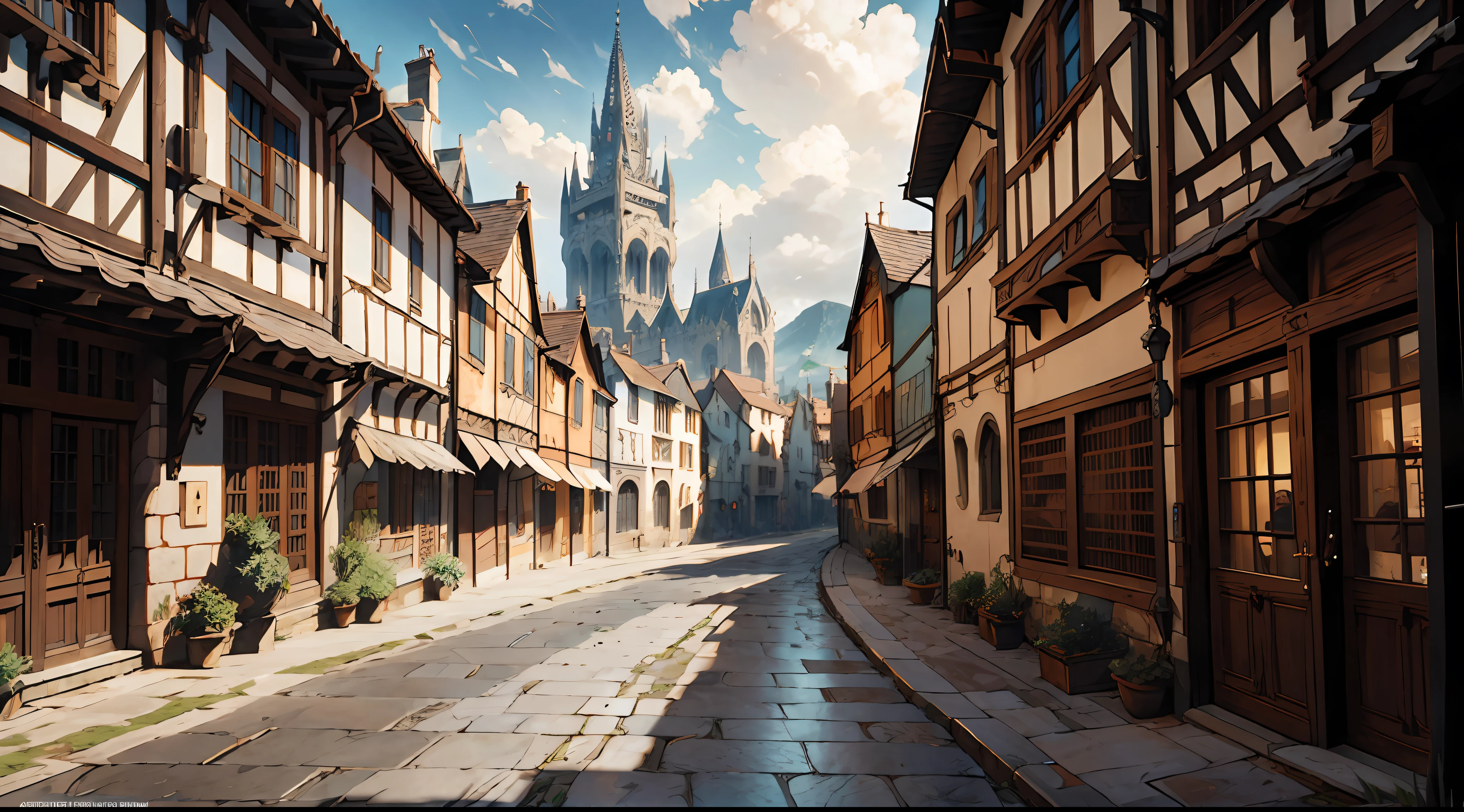 (ultra-detailed CG unity 8k wallpaper,masterpiece, best quality, depth of field, HDR, intricate), medieval village, houses, medieval fantasy, from Brian Froud and Carne Griffiths and Wadim Kashin and John William Waterhouse, 8K post-production, high resolution, hiper detailed, trending in artstation, sharp-focus, Studio photo, from Greg Rutkowski